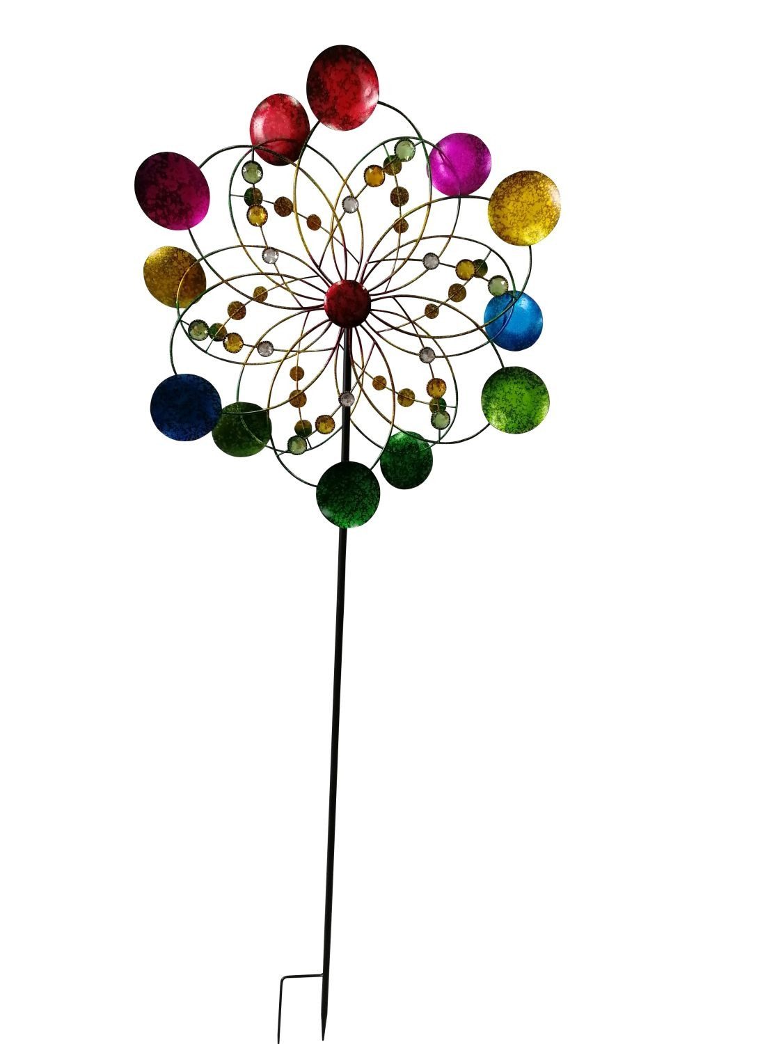XiRRiX Deko-Windrad Metall Windrad groß doppelt mit bunten Kreisen H: 160 cm (mit funkelnden Dekosteinen, Ø63,5 cm H: 160 cm), Windrad für den Garten, Deko Windrad Sommerdeko Windspiel