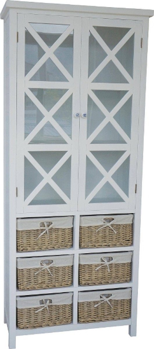 Casa Padrino Vitrine Landhausstil Vitrine Weiß / Naturfarben 86 x 38 x H. 204 cm - Handgefertigter Vitrinenschrank im Landhausstil