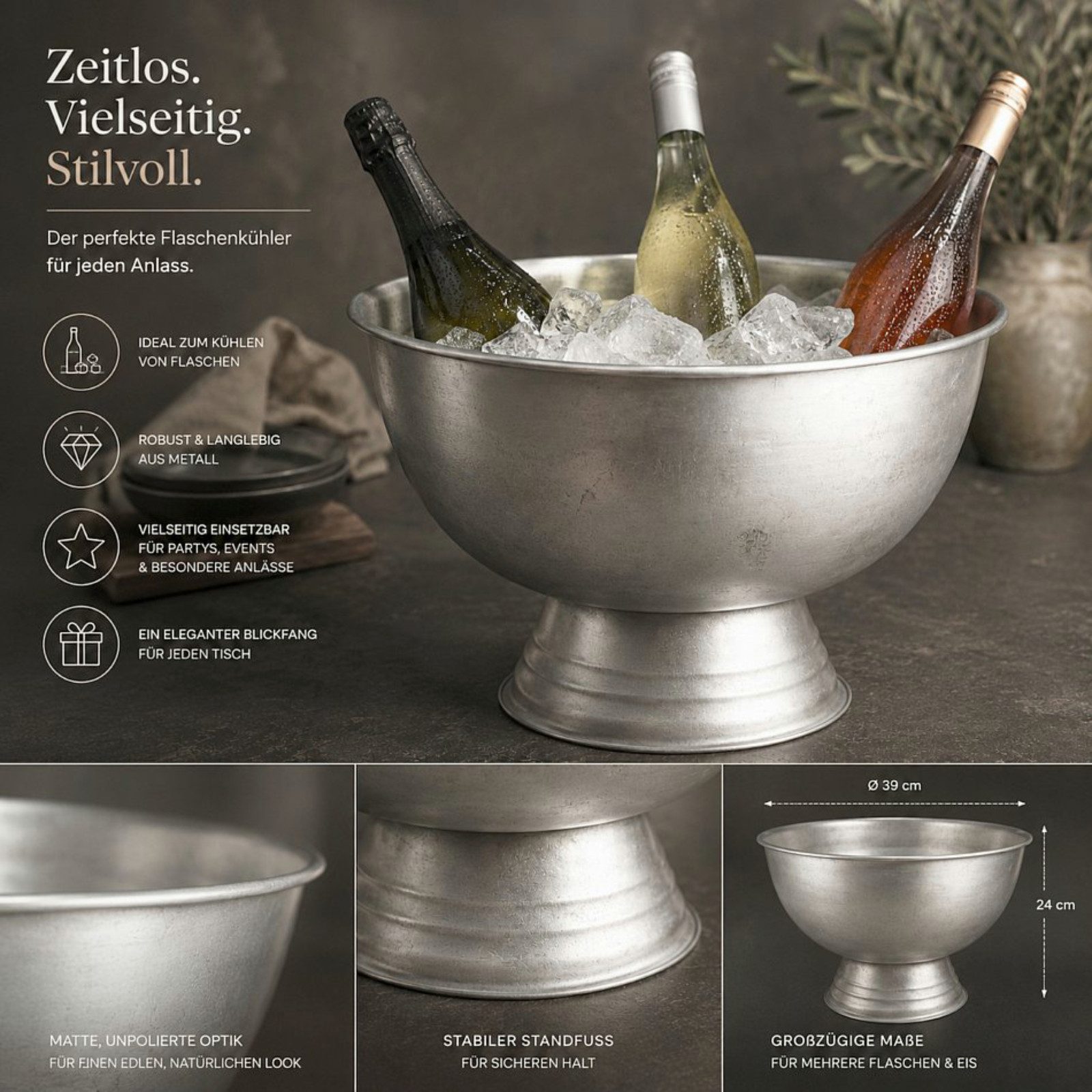 Koopman Wein- und Sektkühler Flaschenkühler Kühlschüssel Schüssel Edelstahl Ø39cm, Unpoliert, Modern, Sicherer Stand, Sockel