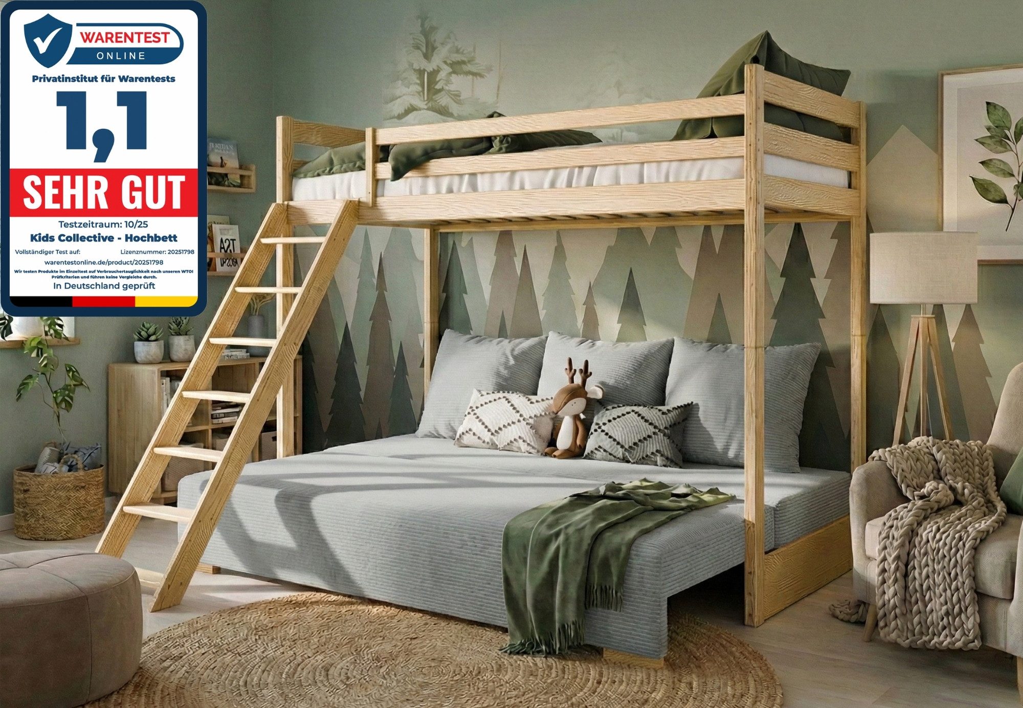 Kids Collective Hochbett 90x200 cm mit Schlafsofa 140x200 cm Couch in Cord-Stoff, 3 Kissen OEKO TEX 100 mit 3 Kissen Sofa Etagenbett weiß 200x90 salbeigrün