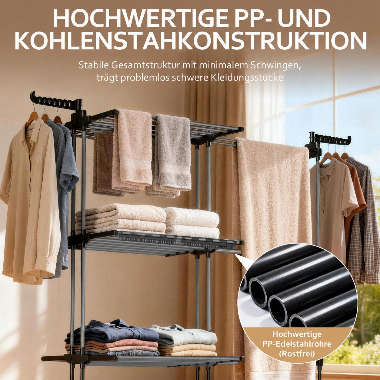 Huracan Wäscheständer Turm 2in1 Klappbar, Wäscheturm, Turmwäscheständer Hoch, Flügelwäscheständer Clothes, 3 Etagen – Bild 2 von 5