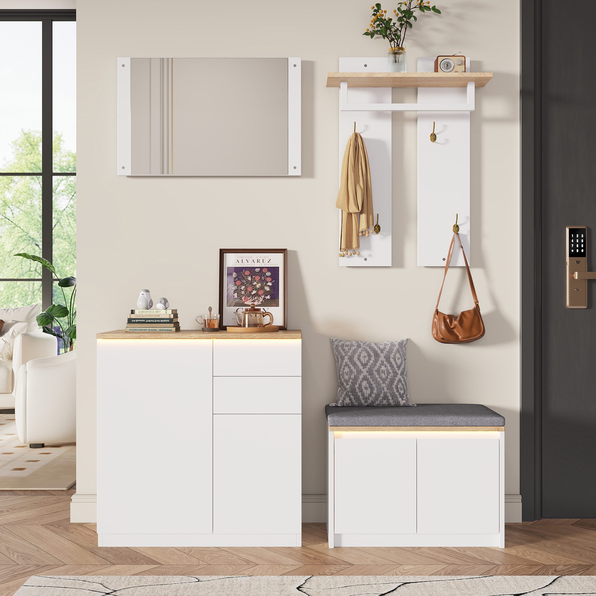 Flieks Garderoben-Set 4-teilig Flurmöbel-Set Kompaktgarderobe mit LED-Beleuchtung, (4-St), Spiegel Kleiderständer Haken Schuhschrank Schuhbank mit Kissen Weiß