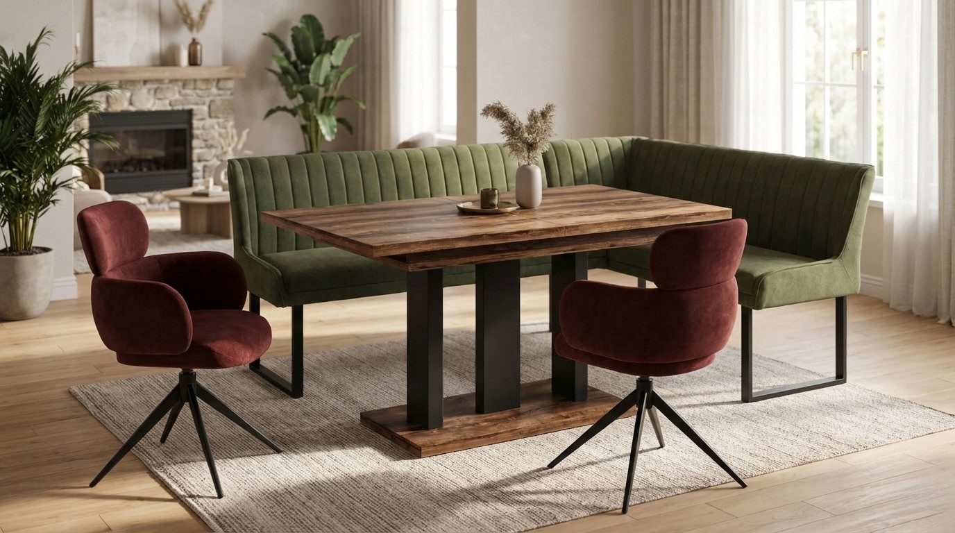 Endo-Moebel Eckbankgruppe Essgruppe mit Esstisch Eckbank & 2 Stühle Farbauswahl Chenille Stoff