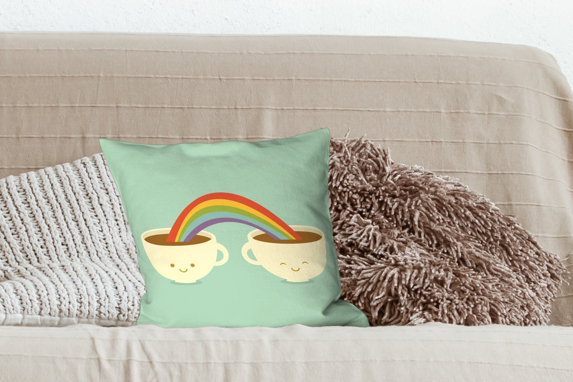 eines Illustration Schlafzimmer, Dekokissen Deko, Füllung Eine Zierkissen mit Tassen MuchoWow über Kaffee, Sofakissen für zwei Wohzimmer, Regenbogens