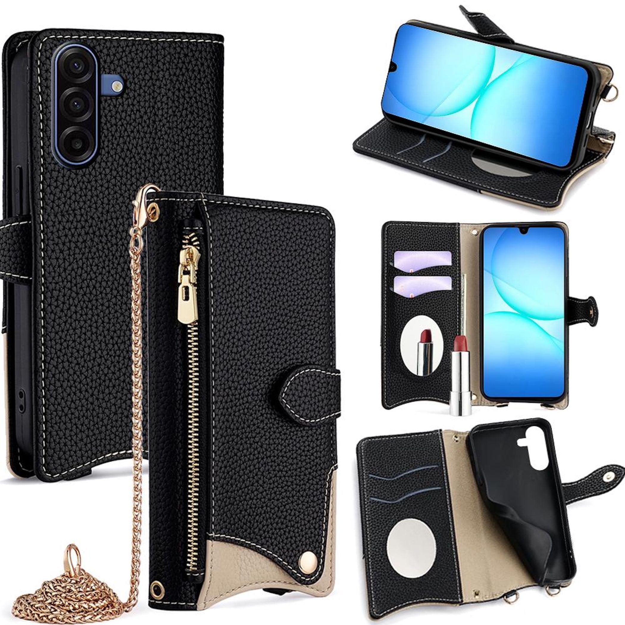 Wigento Handyhülle Für Samsung Galaxy A17 5G Crossbody Kunstleder Schutz Tasche Schwarz, Wallet Case mit Spiegel, Kartenfächern und Umhängekette
