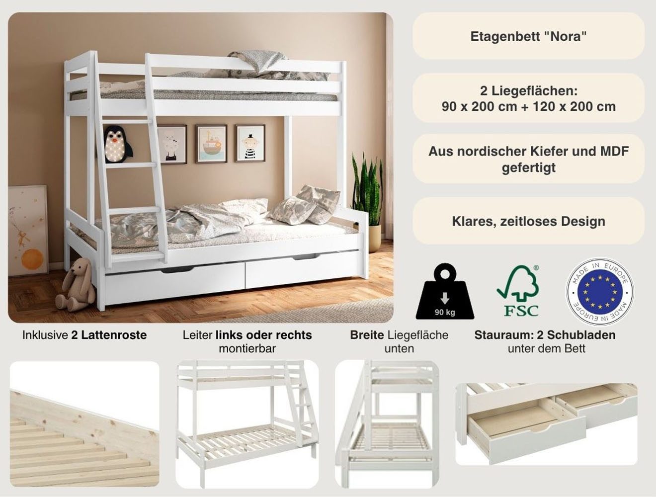 Lüttenhütt Bunk Bed, Loft Bed, "NORA" BESTSELLER! (Ladder can be mounted on either side), with drawers, certified solid wood, wide sleeping area on the bottom