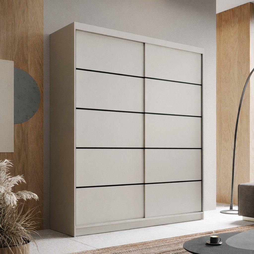 MOEBLO Schiebetürenschrank SIENNA 180 (6 Fächer & Kleiderstange, platzsparend mit Schiebetüren, modernes Design, Schwebetürenschrank 2-türig Schrank Garderobe Schiebtüren Schlafzimmer) (BxHxT): 180x215x58 cm