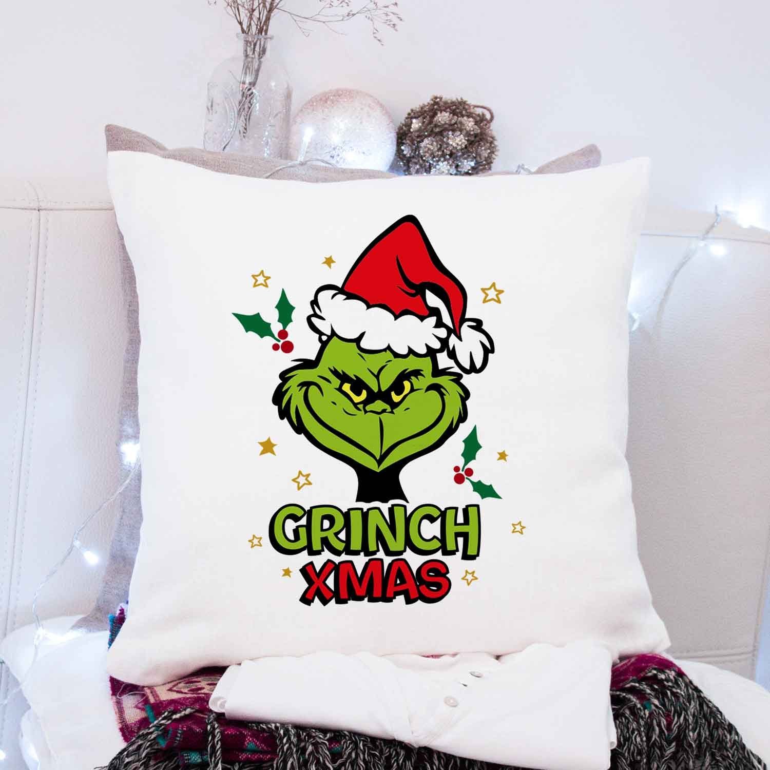 GRAVURZEILE Zierkissen mit Weihnachtsmotiv - Grinch Xmas - Weihnachtsdeko, 40 x 40 cm - Waschbar bis 40 Grad - Ohne Füllung
