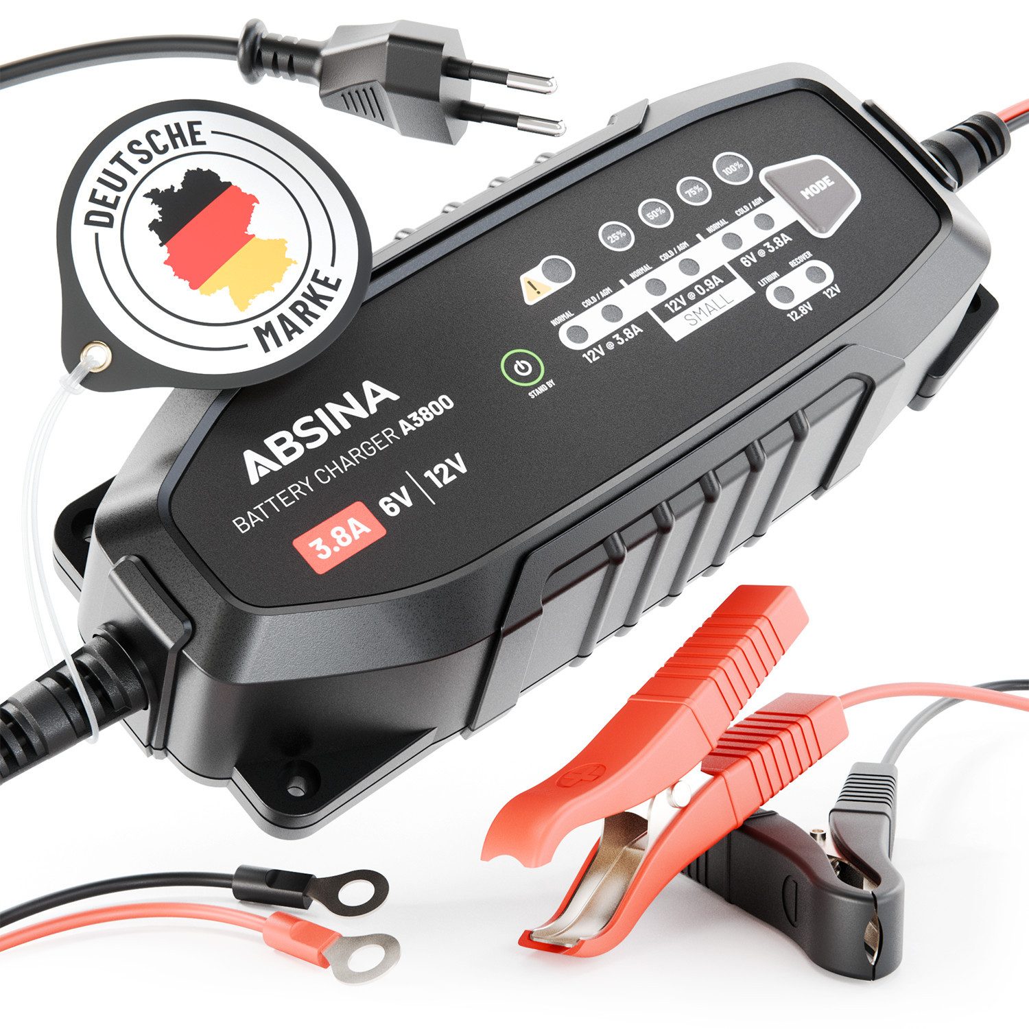 ABSINA Batterieladegerät KFZ für Auto & Motorrad - 6V & 12V Blei Ladegerät Autobatterie-Ladegerät (1-tlg)