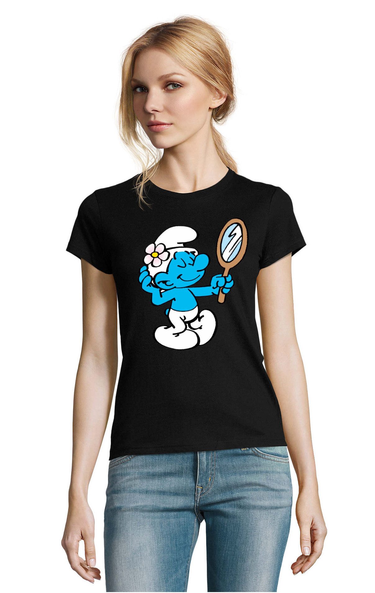 Blondie & Brownie T-Shirt Damen T-Shirt Schlumpf Spiegel Motiv Baumwolle Cartoon Print Shirt (Einzelartikel, 1 Stück) Herren T-Shirt Schlumpf Spiegel Motiv Cartoon Shirt Baumwolle Print