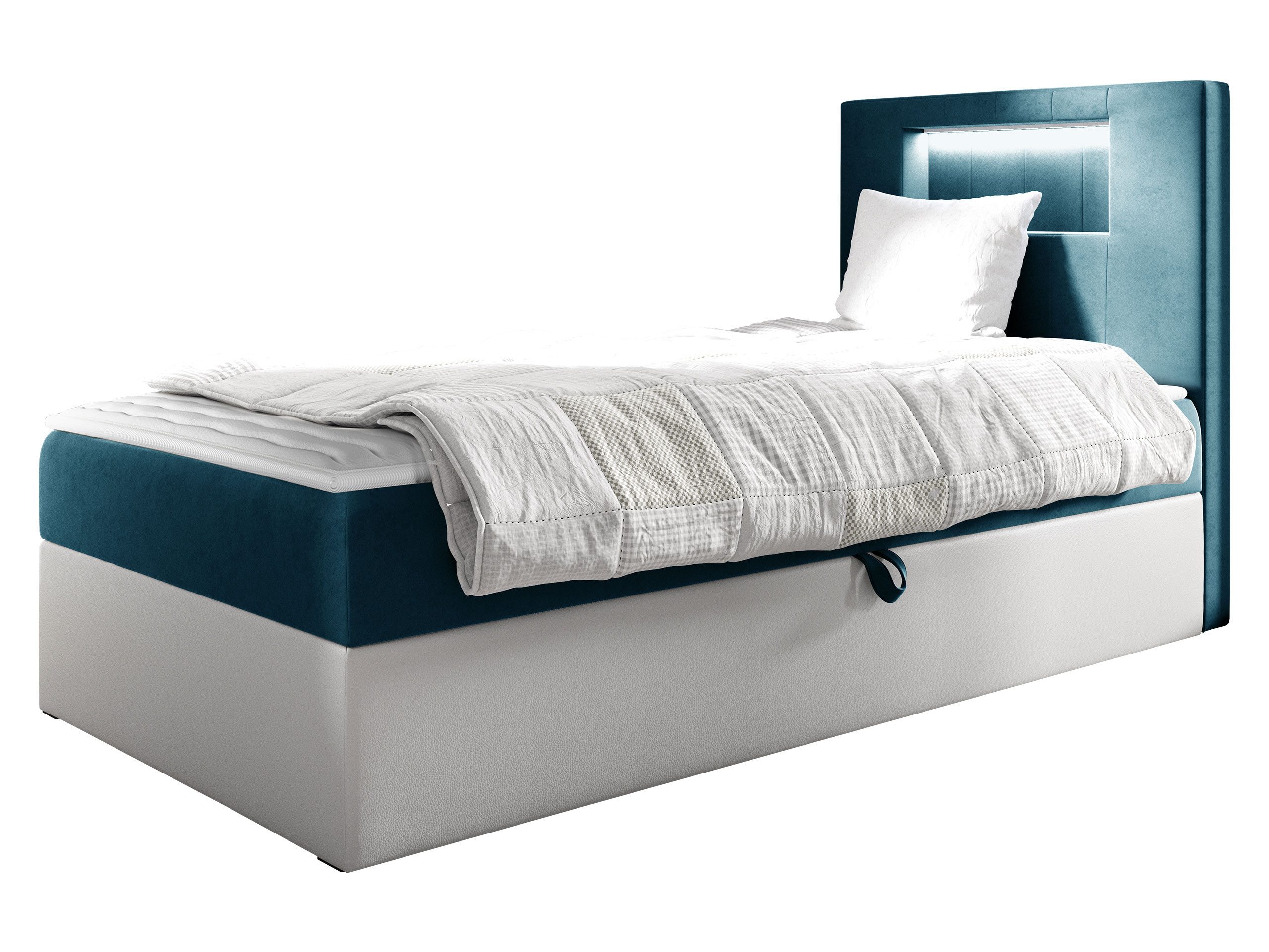 MIRJAN24 Boxspringbett Gold Junior 1 (mit Bettkasten, Polsterkopfteil und Beleuchtung), mit Bonellfederkern, Härtegrad - H3