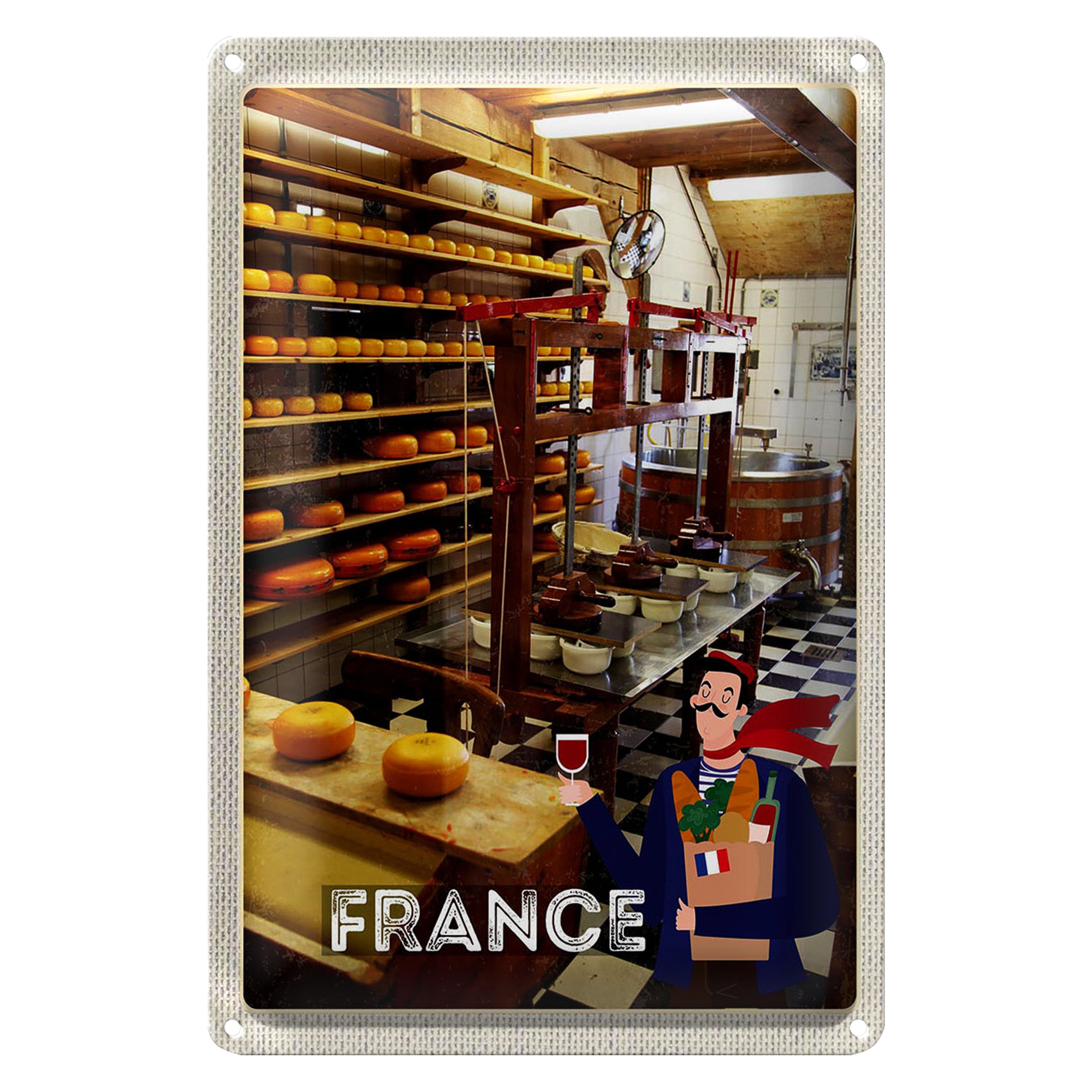 Roomando Metallschild Reise 30x40cm Frankreich Käsemaschine Produktion
