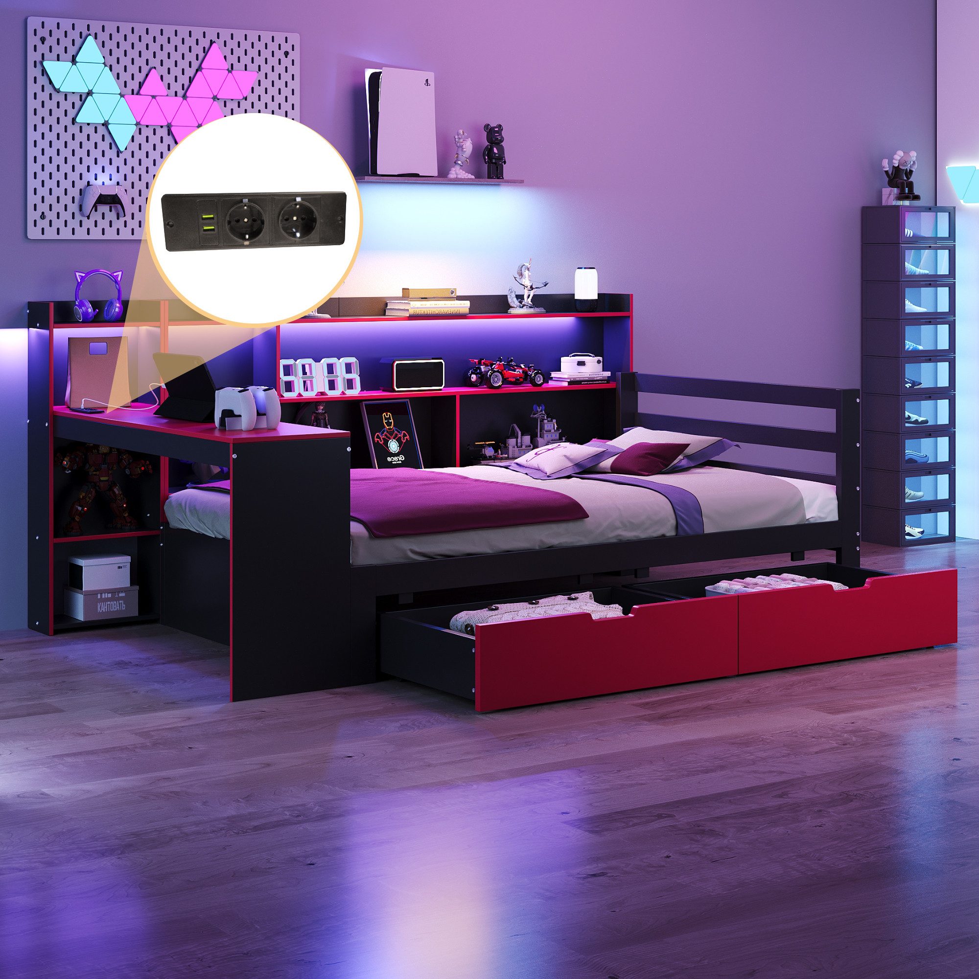 Odikalo Schlafsofa 90x200 140x200 Schlafcouch mit Schreibtisch Beleuchtung, Holzbett Schlafsofa 90 x 200 cm, Mit Schreibtisch, Bücherregal, Staufächern und Regalen, Mit integrierter Beleuchtung und Steckdosen, Schubladen, Multifunktionalem Holzbett