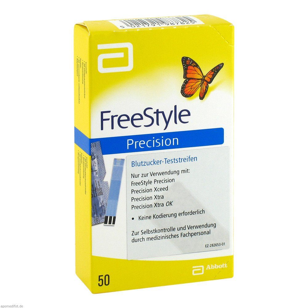 Abbott Blutzucker-Teststreifen Freestyle Precision Blutzuckerteststreifen, Spar-Set, 50-tlg., Praktisch zum Mitnehmen, Schnelle Messzeit, Minimale Blutmenge, Blutzuckerüberwachung