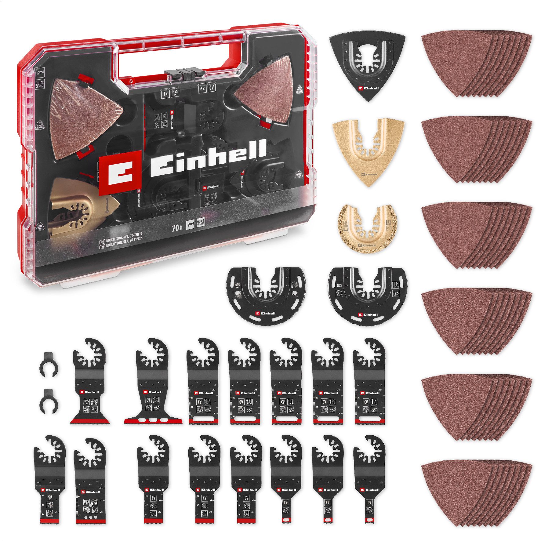 Einhell Bohrer- und Bit-Set Original Einhell XXL-CASE 70-tlg. Multitool-Set (BiM/CrV-Tauchsägeblät, (3x BIM-Tauchsägeblätter (44 / 32 / 20 mm), 12x CrV-Tauchsägeblätter (1x 65 / 5x 32 / 3x 20 / 3x 10 mm), 1x HM-Halbrund-Sägeblatt (87 mm), 1x BIM-Halbrund-