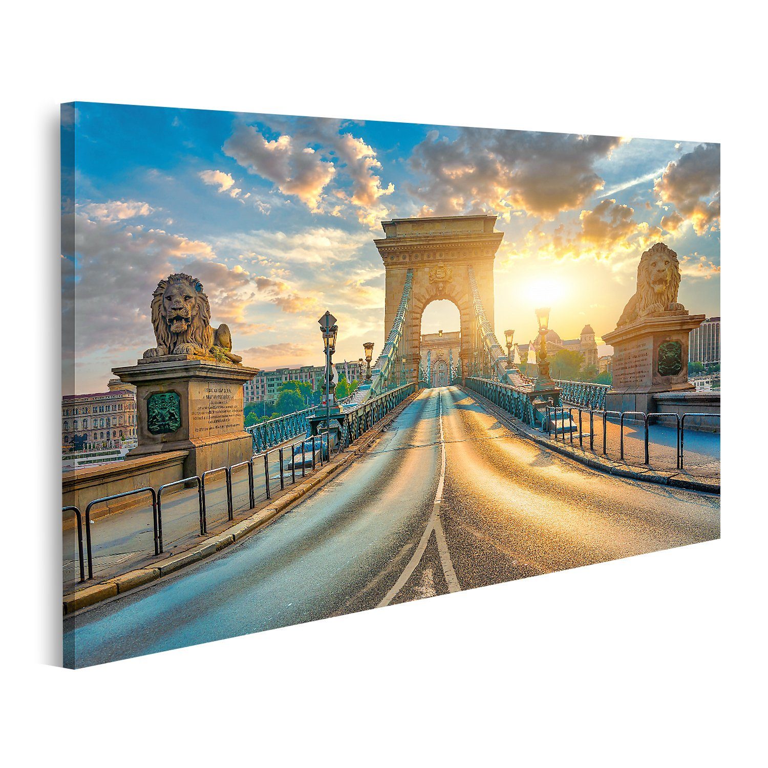 islandburner Leinwandbild Bild auf Leinwand Kettenbrücke Budapest Statuen Löwen Sonnenaufgang Un