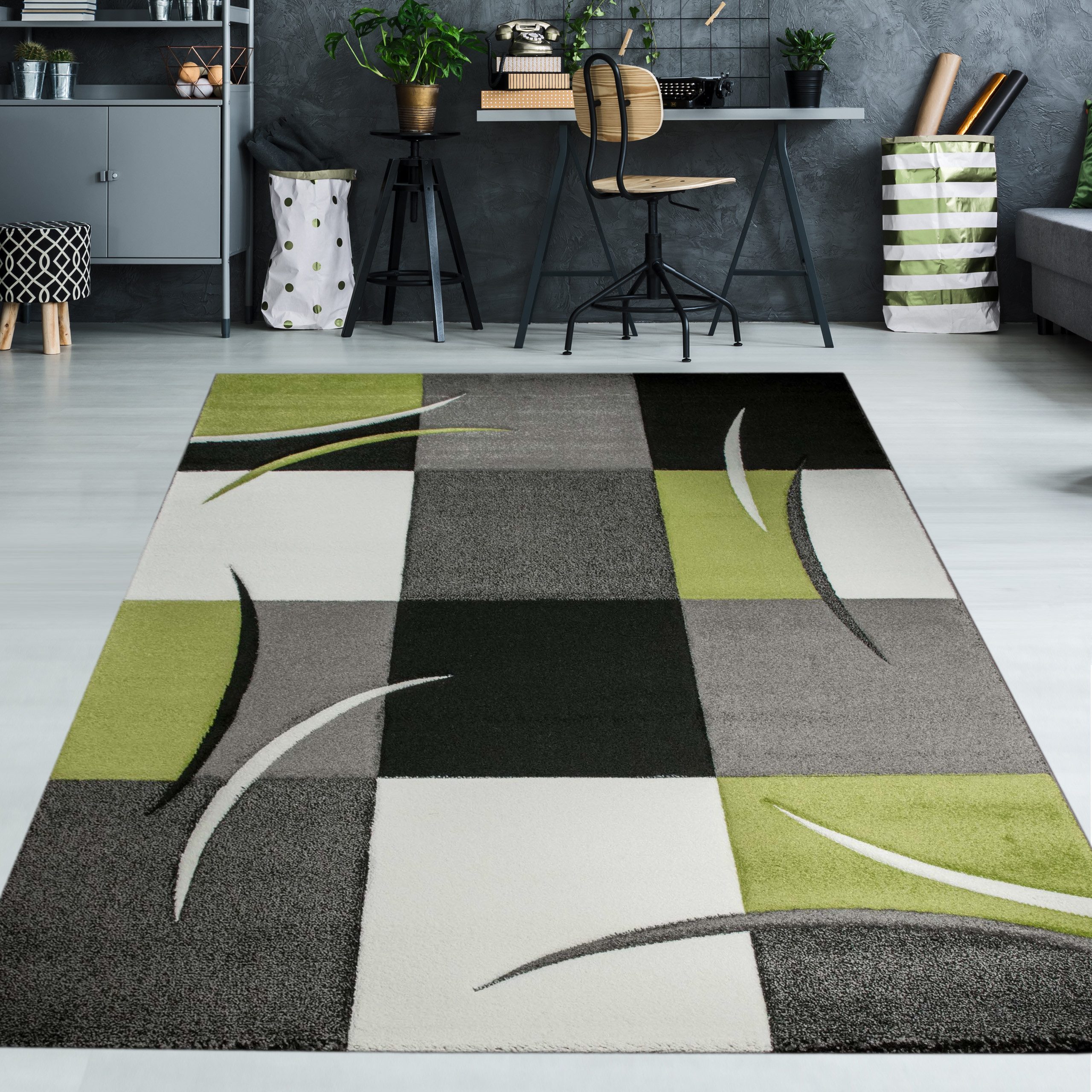 TeppichHome24 Teppich Designer Teppich mit Konturenschnitt Karo Muster Grün günstig online kaufen