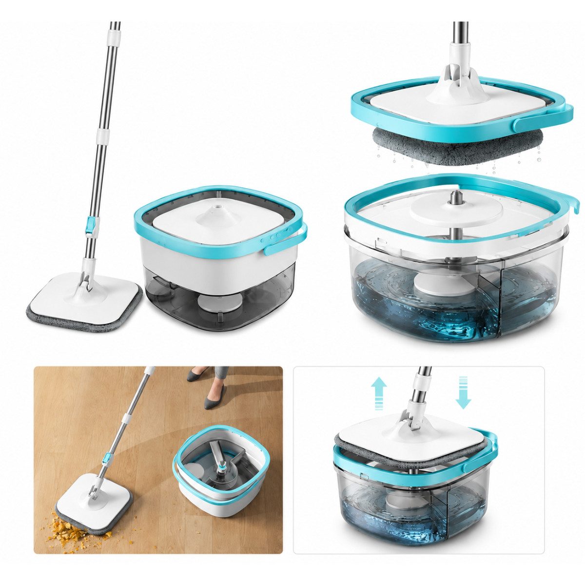 R2 Invest Wischmopp-Set Wischmopp Set mit Zwei Kammer Eimer und manueller Drehfunktion