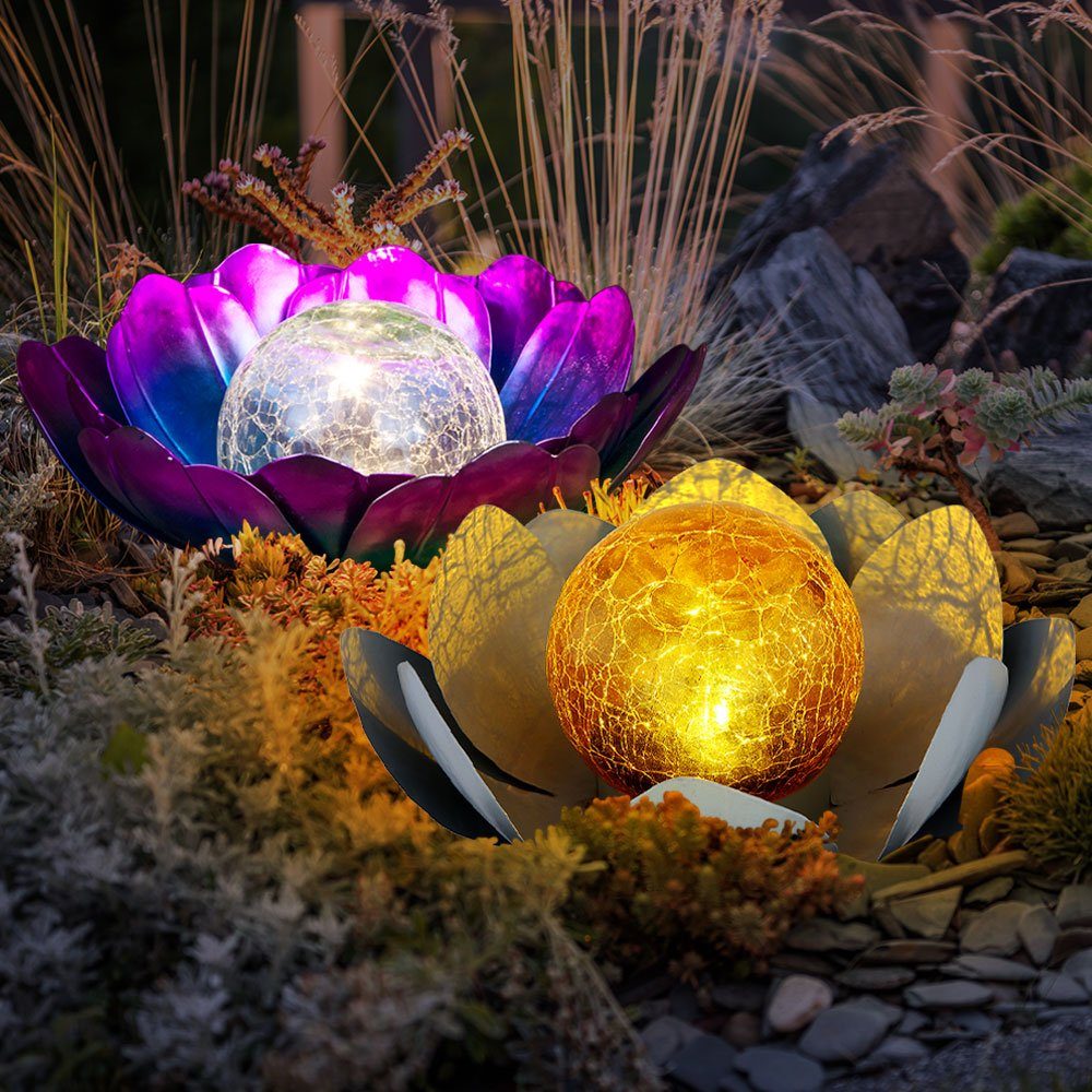 etc-shop LED wetterfest 25 Warmweiß, D Crackle verbaut, 2x Lotusblüte Dekolicht, Glas LED-Leuchtmittel fest Außenleuchte cm Solarlampe