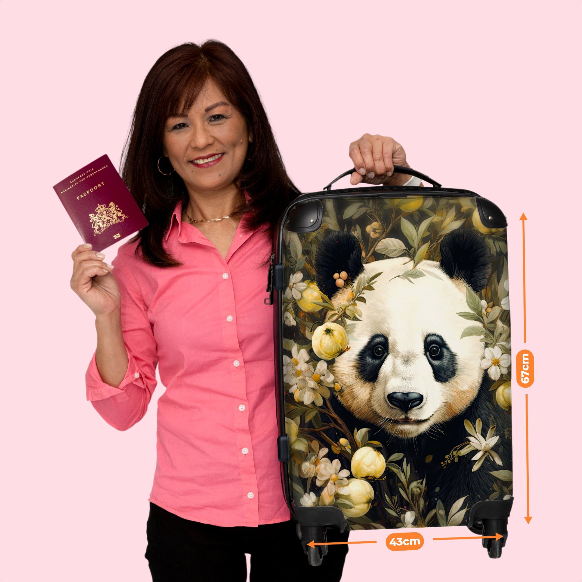 Trolley Rollen, Aufgabegepäck Blumen, Rollen Panda - - 4 Wildtiere 4 Pandabär mit Reisekoffer - Große 67x43x25cm Koffer NoBoringSuitcases.com© Rollkoffer -