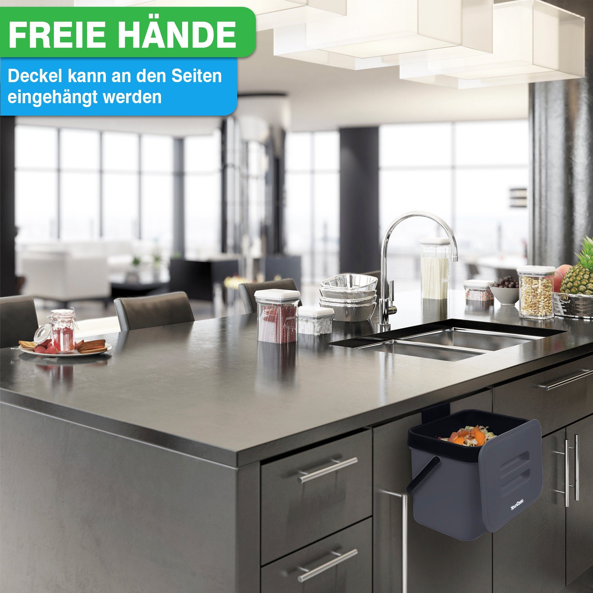 YourCasa Biomülleimer Küche 7L mit Halterung, Sieb und Deckel, 7 Liter, Mit Halterung