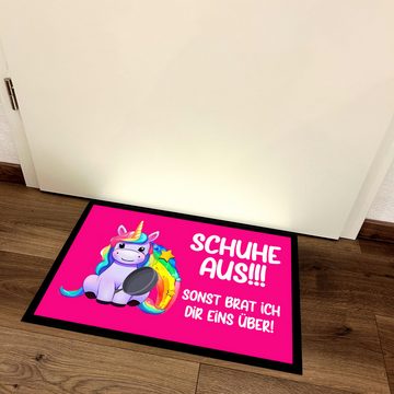 Fußmatte Türmatte Schmutzfangmatte mit Spruch SCHUHE AUS!!! SONST BRAT ICH DIR, Herzbotschaft, rechteckig, 40 x 60 cm, 2 mm hoch, bei 40 °C waschbar