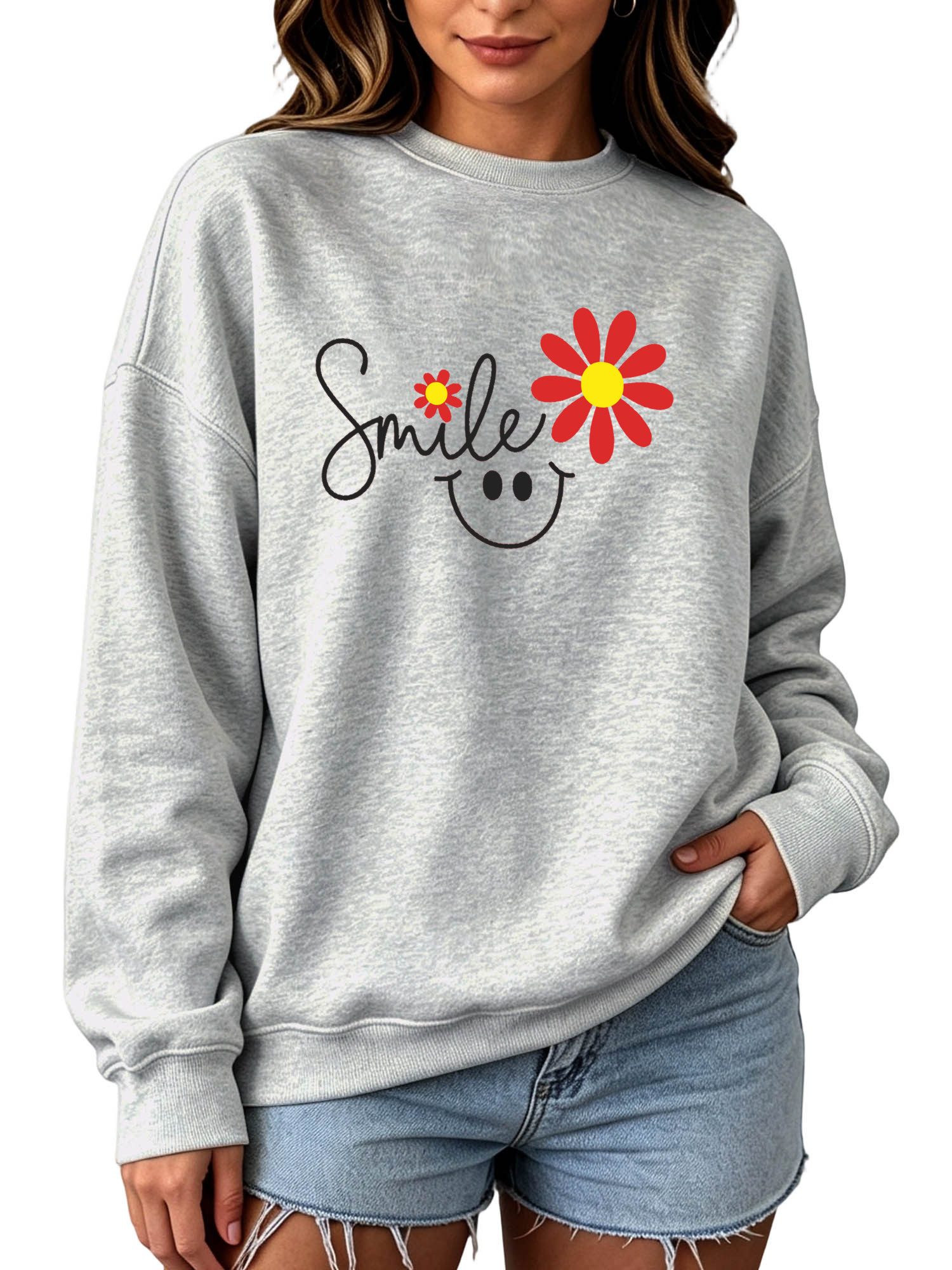 PYLIKE Fleecepullover Fleecepullover Damen,Sweatshirt mit Smile Print,Langarm Lockerem Fit Bequem für Herbst & Winter