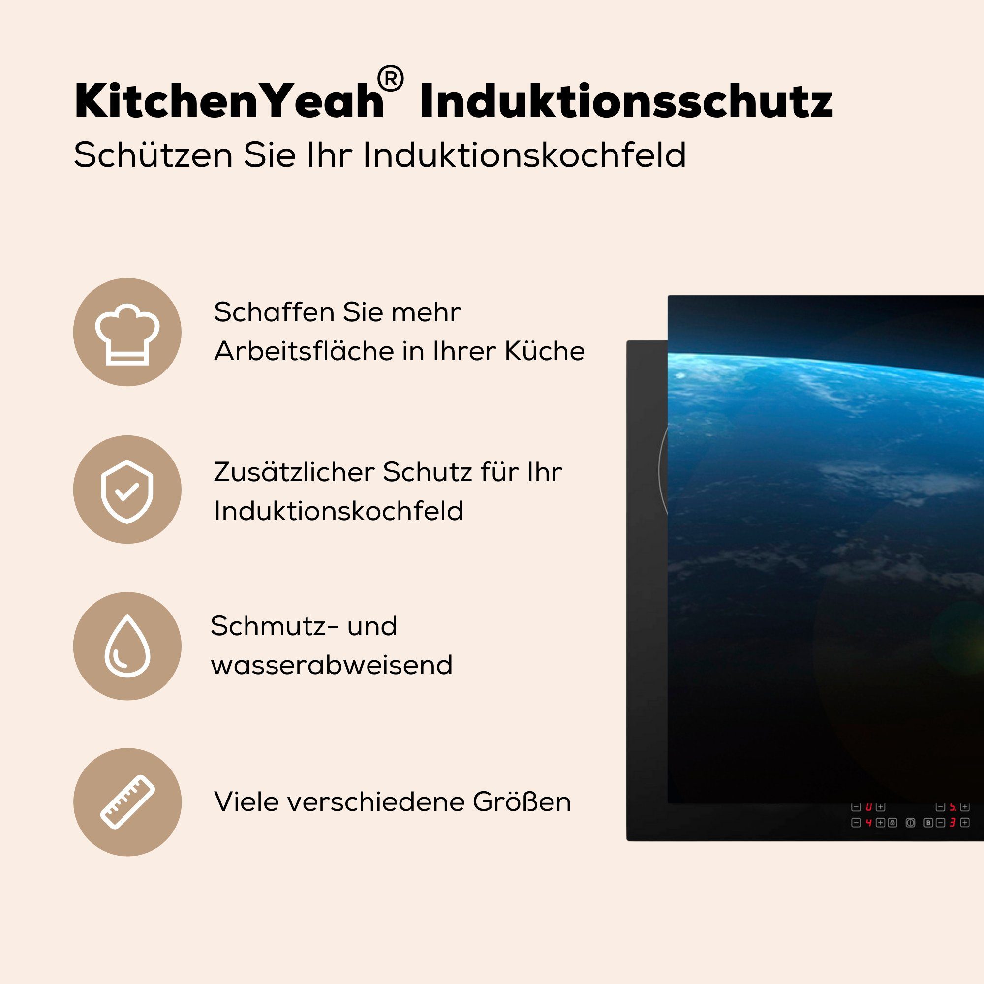 tlg), (1 Erde 83x51 küche Vinyl, Herdblende-/Abdeckplatte MuchoWow - Arbeitsplatte Planeten, Weltraum - cm, für Ceranfeldabdeckung,