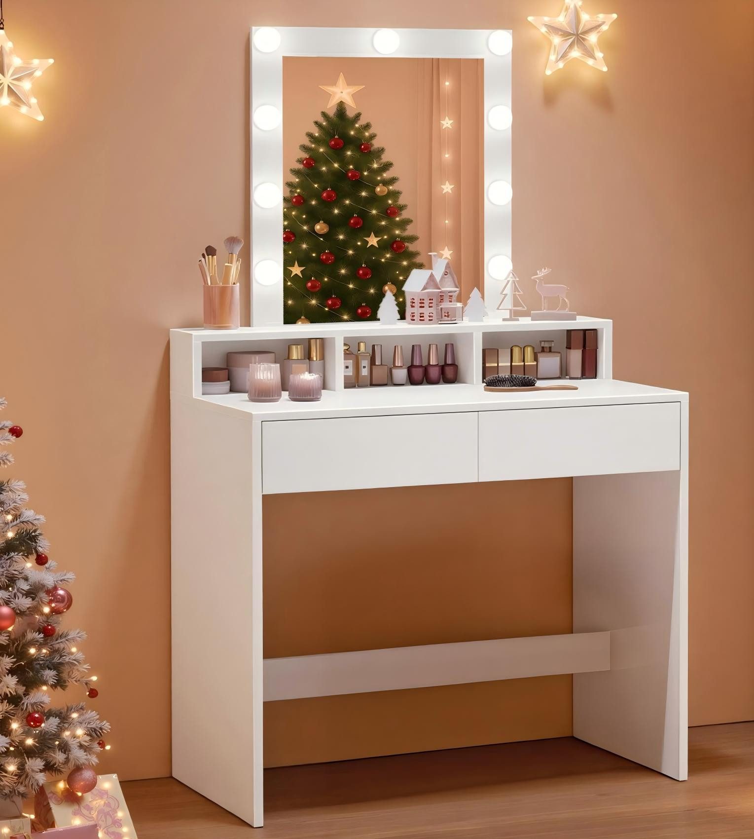 VASAGLE Schminktisch Kosmetiktisch mit LED-Beleuchtung, einstellbare Helligkeit, modern, mit 2 Schubladen und 3 offenen Fächern