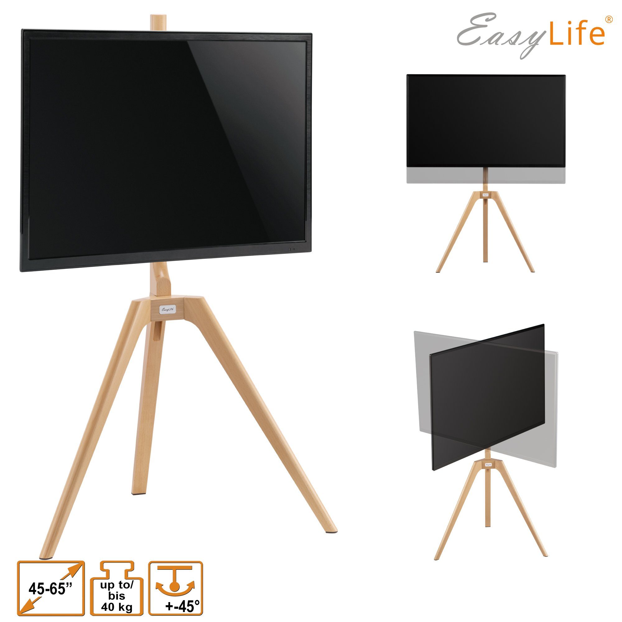 EasyLife TV-Ständer STAFFELEI TV-Stativ 45-65", Schwenkbar VESA 400x400 (Weiß/Buche), (bis 65 Zoll)