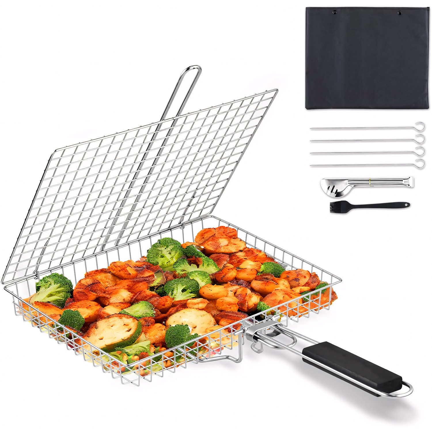 HEYHIPPO Grillrosteinsatz Grillkorb Edelstahl 32×22,5cm, mit 4 Spießen, Bürste, Zange & Tasche, (5-St., Grillkorb Set – mit Zubehör, vielseitig für Fisch, Steak – Bild 3 von 5