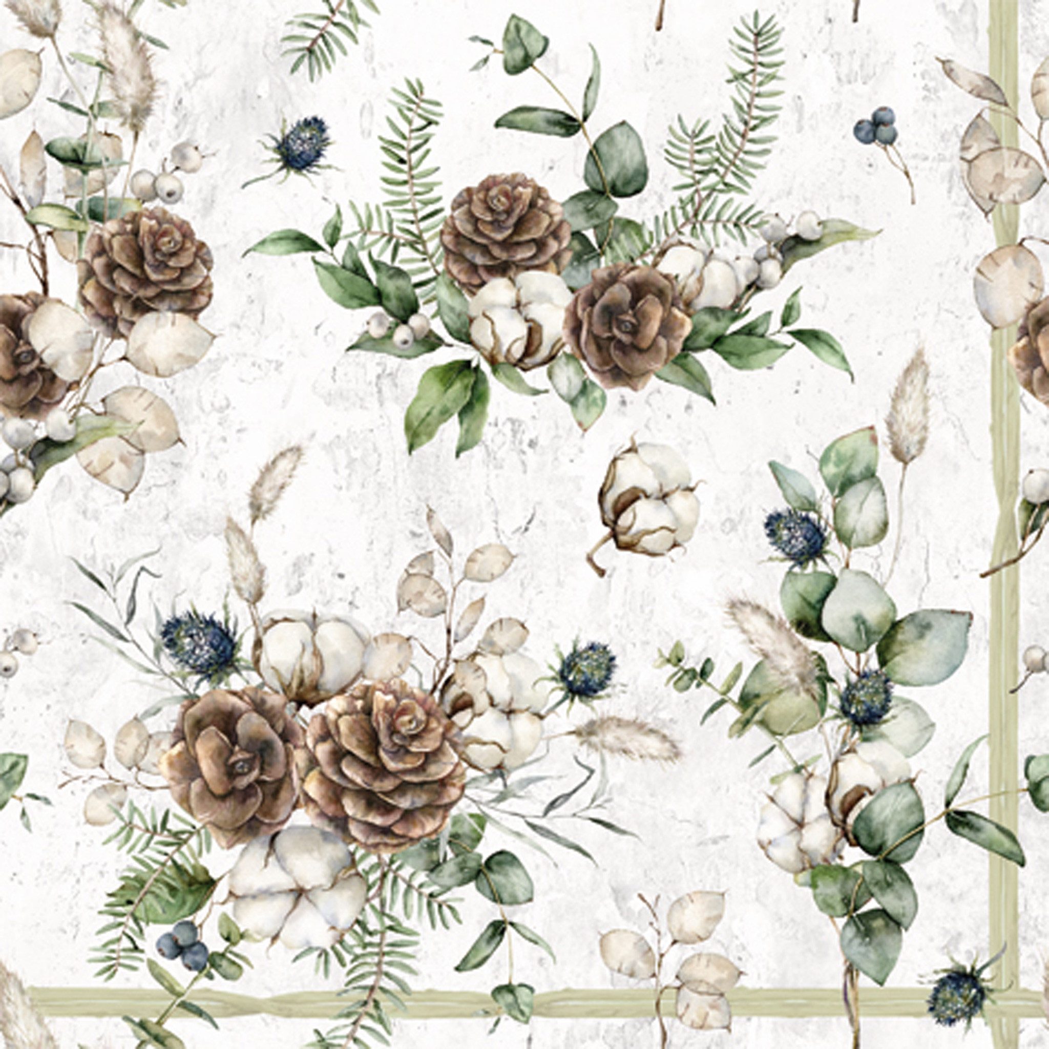 ti-flair Papierserviette, Servietten Papier 33x33cm 3-lagig mit Baumwolle & Zapfen Motiv 20 Stk.