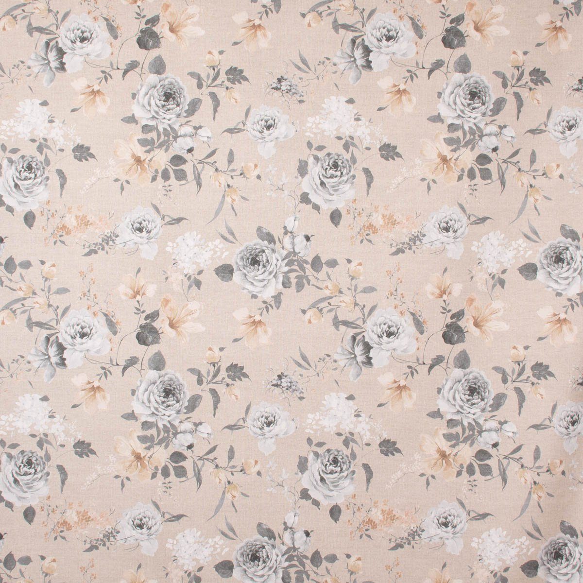 SCHÖNER LEBEN. Stoff Dekostoff Meterware Leinenoptik Romantic Flower Rosen beige grau 140cm, Digitaldruck