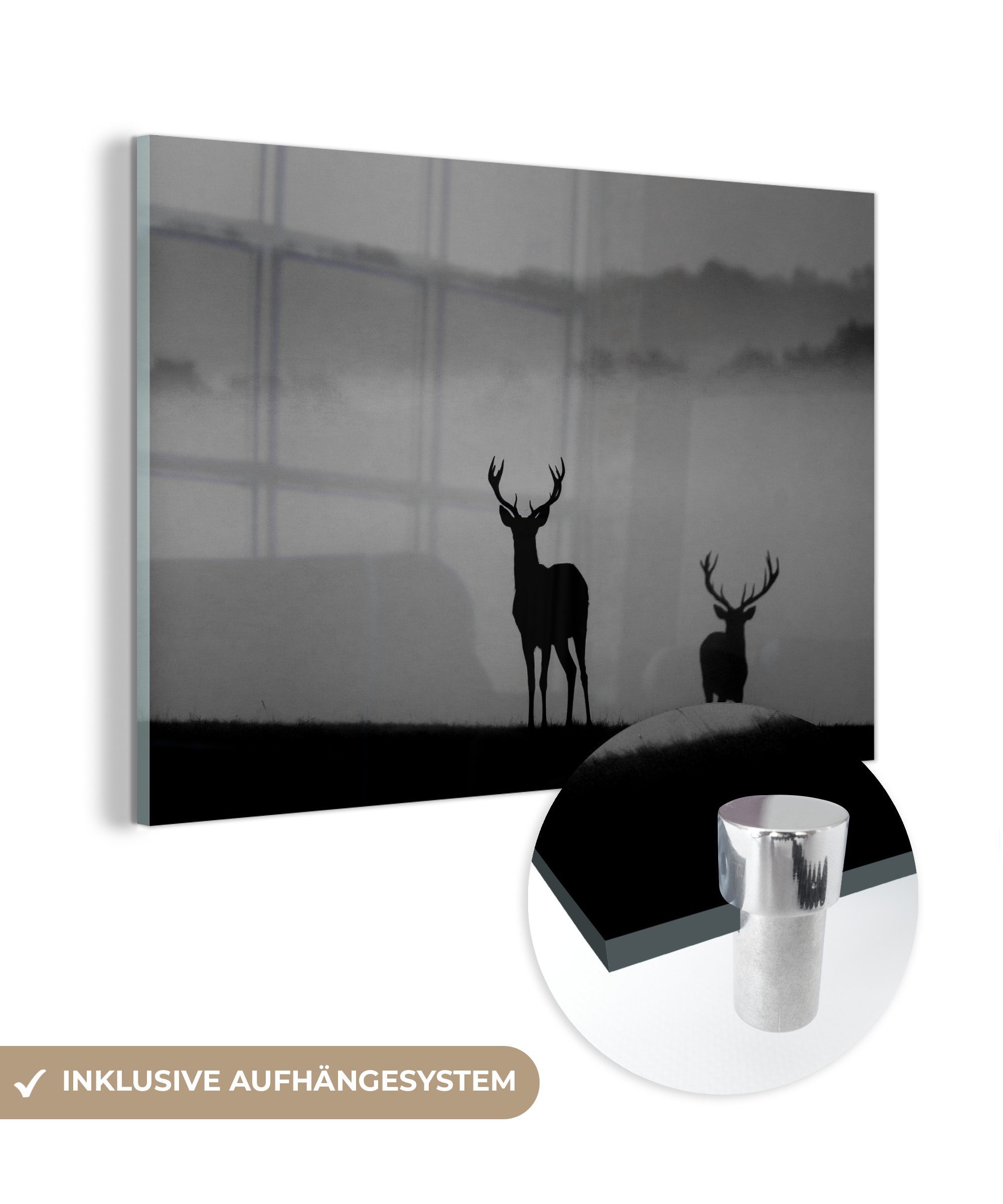 MuchoWow Acrylglasbild Silhouetten von Rotwild - schwarz und weiß, (1 St), Acrylglasbilder Wohnzimmer & Schlafzimmer