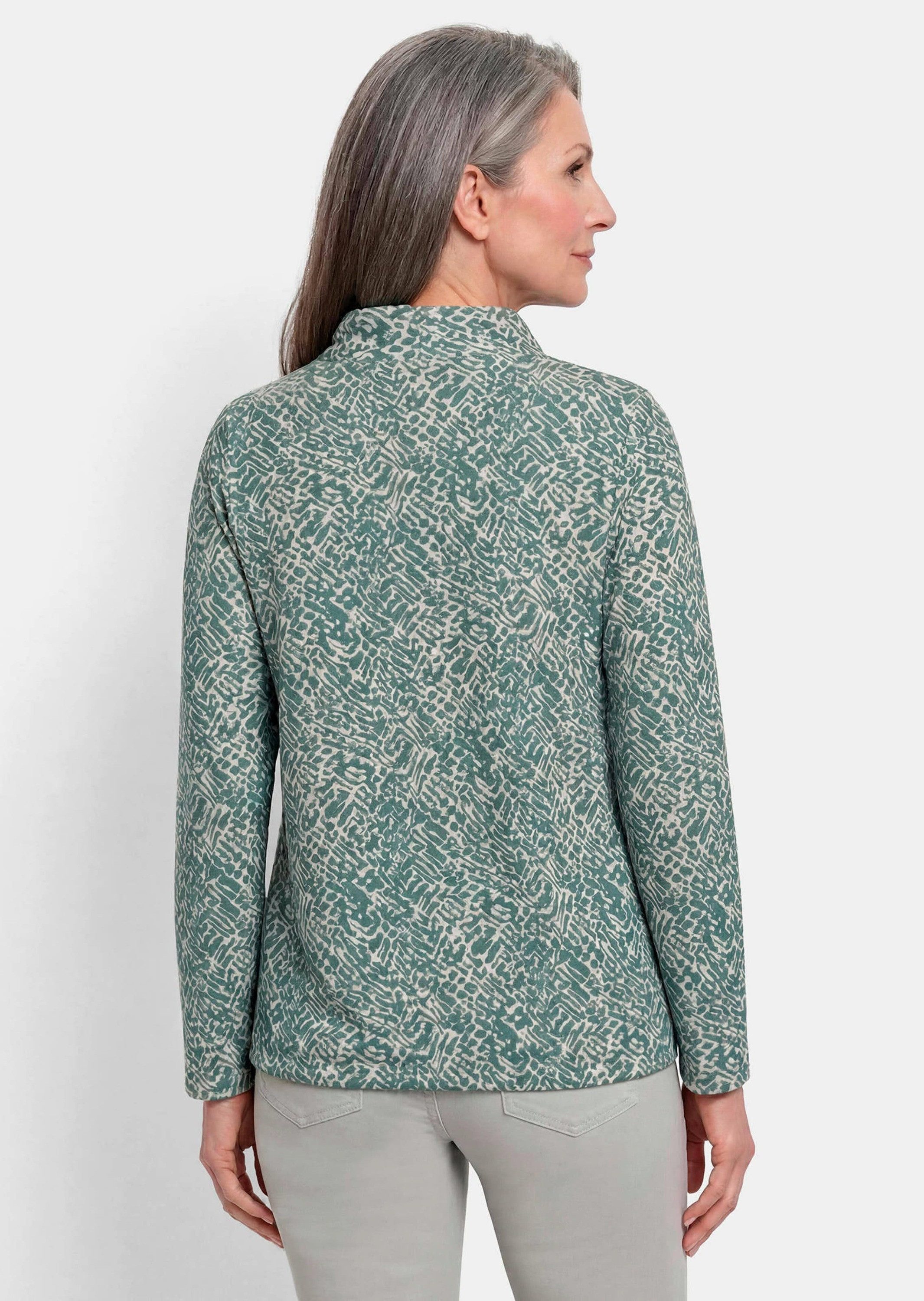 GOLDNER Sweatshirt Kurzgröße: Sweater mit grafischem Druck Flauschiges Sweatshirt mit Stehkragen, Kordelstoppern und Gummizug