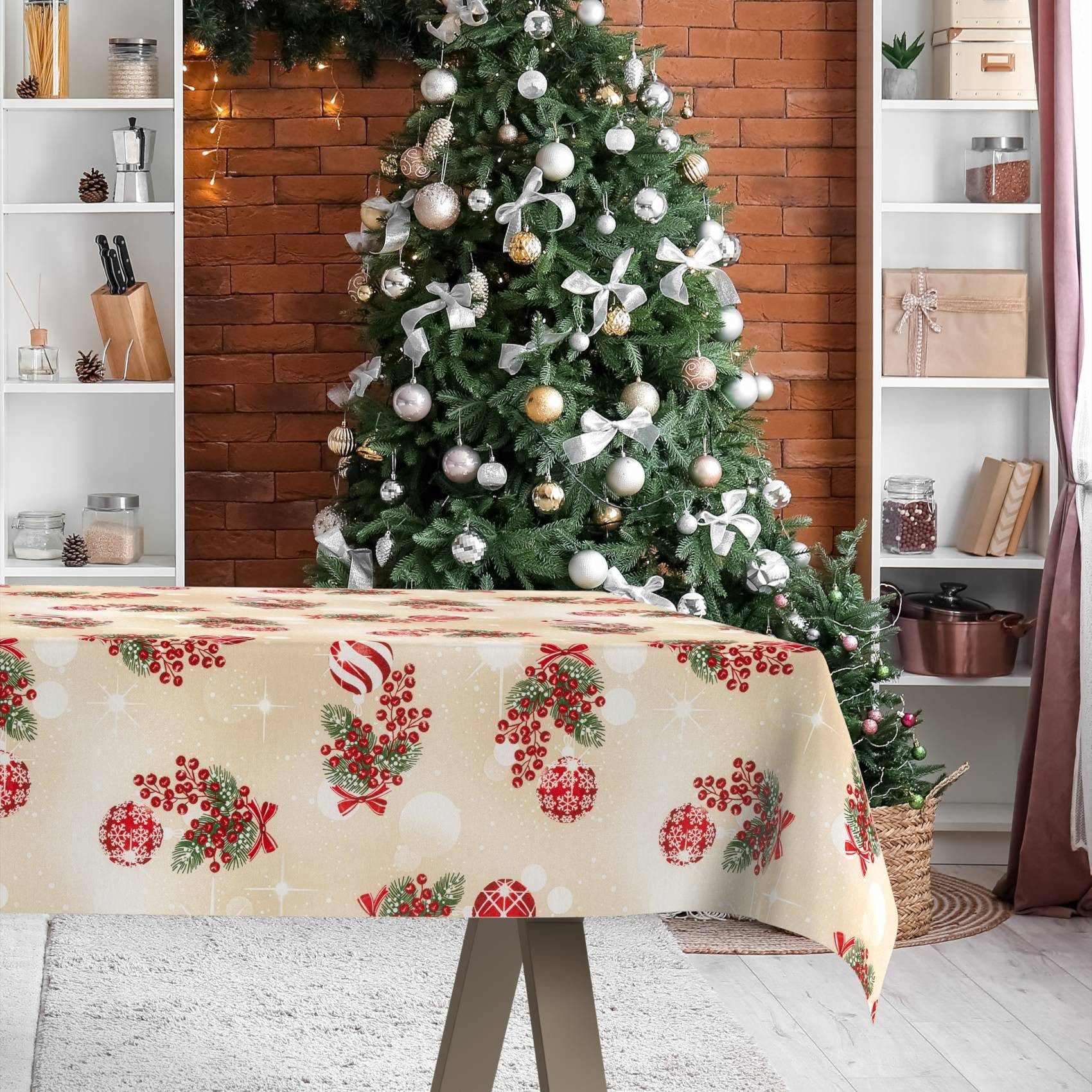 ANRO Tischdecke Weihnachten abwaschbare Weihnachtstischdecke (Einzelstück 1-tlg), Schmutzabweisend Weihnachten Beige 100x140cm – Bild 5 von 5