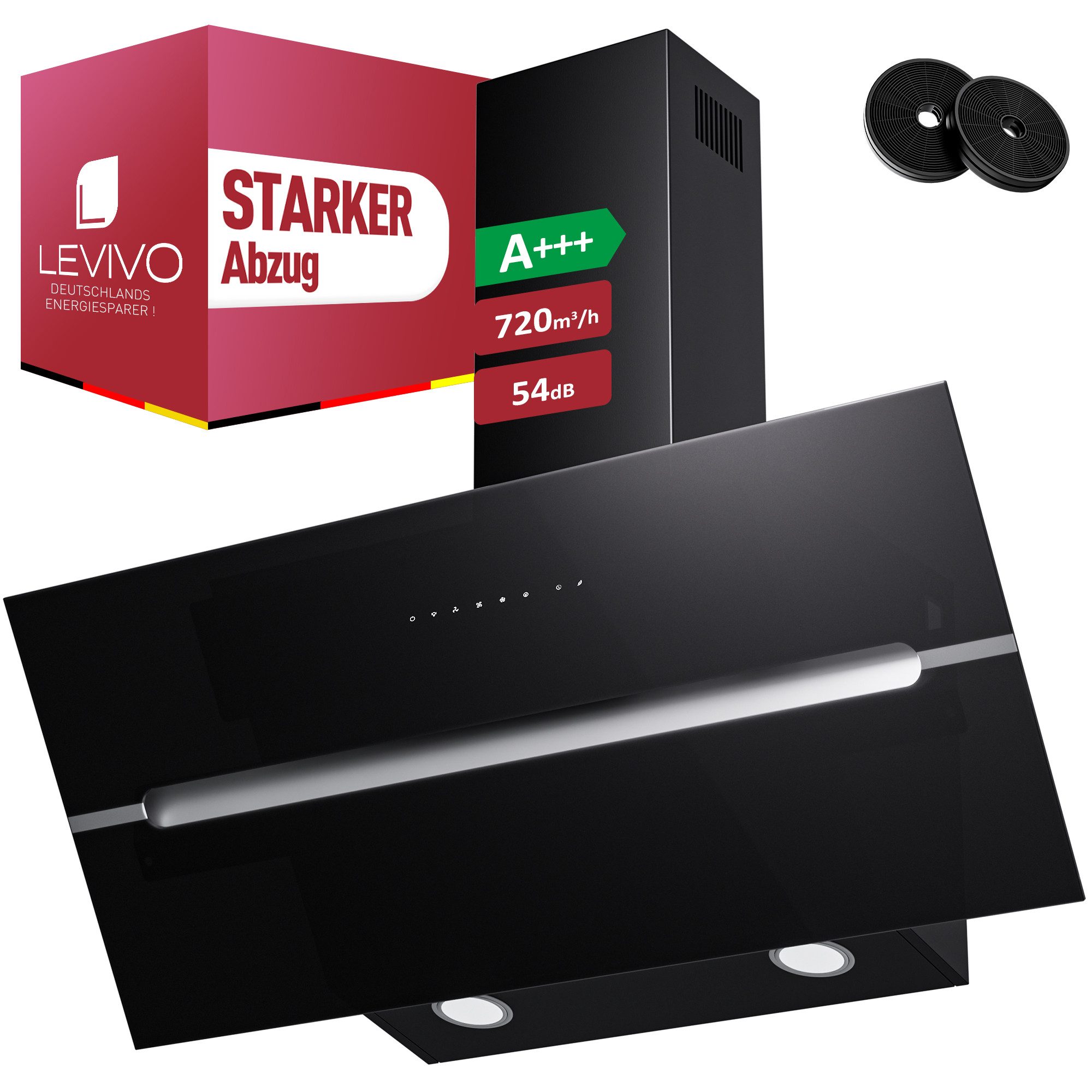 Levivo Kopffreihaube A+++ Dunstabzugshaube 60cm und 90cm Umluft & Abluft mit 720 m³/h A+++ Dunstabzugshaube 60cm und 90cm Umluft & Abluft mit 720 m³/h, Aktivkohlefiltern, Fettfiltern, LED-Beleuchtung
