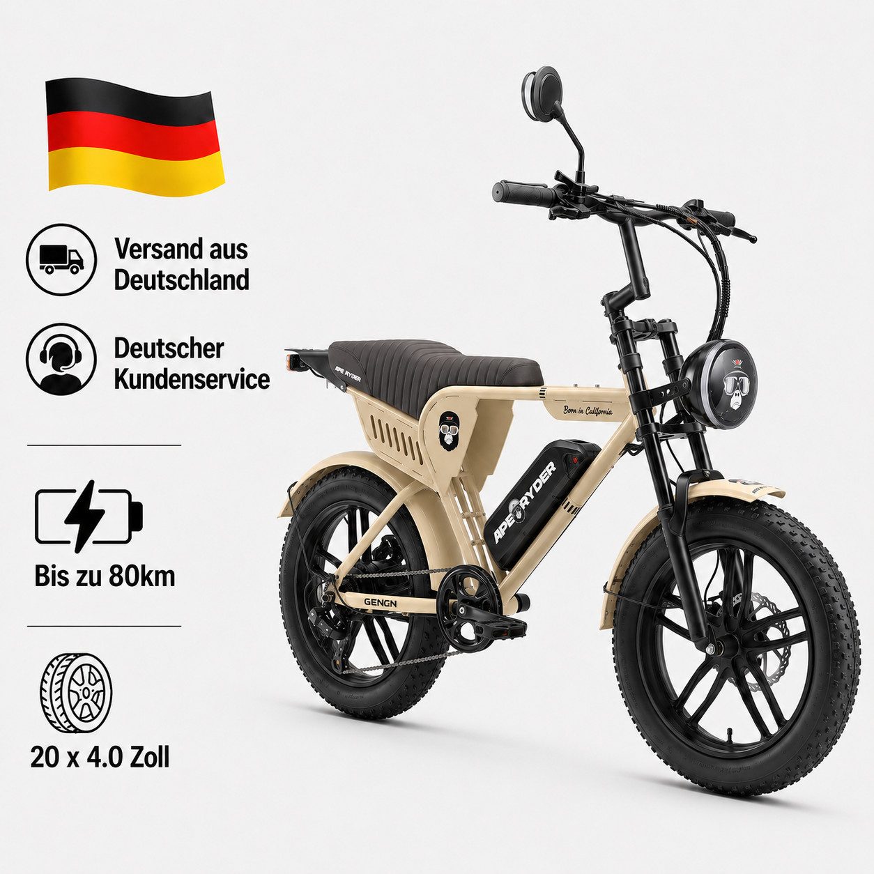 APE RYDER E-Bike Trekkingrad 20*4 Zoll Fatbike, 48V 15Ah Akku, bis 80 km, Shimano 7-Gang, 7 Gang, Heckmotor, 720 Wh, Fahrradbeleuchtung, Ständer, Klingel, Hochleistungsakku