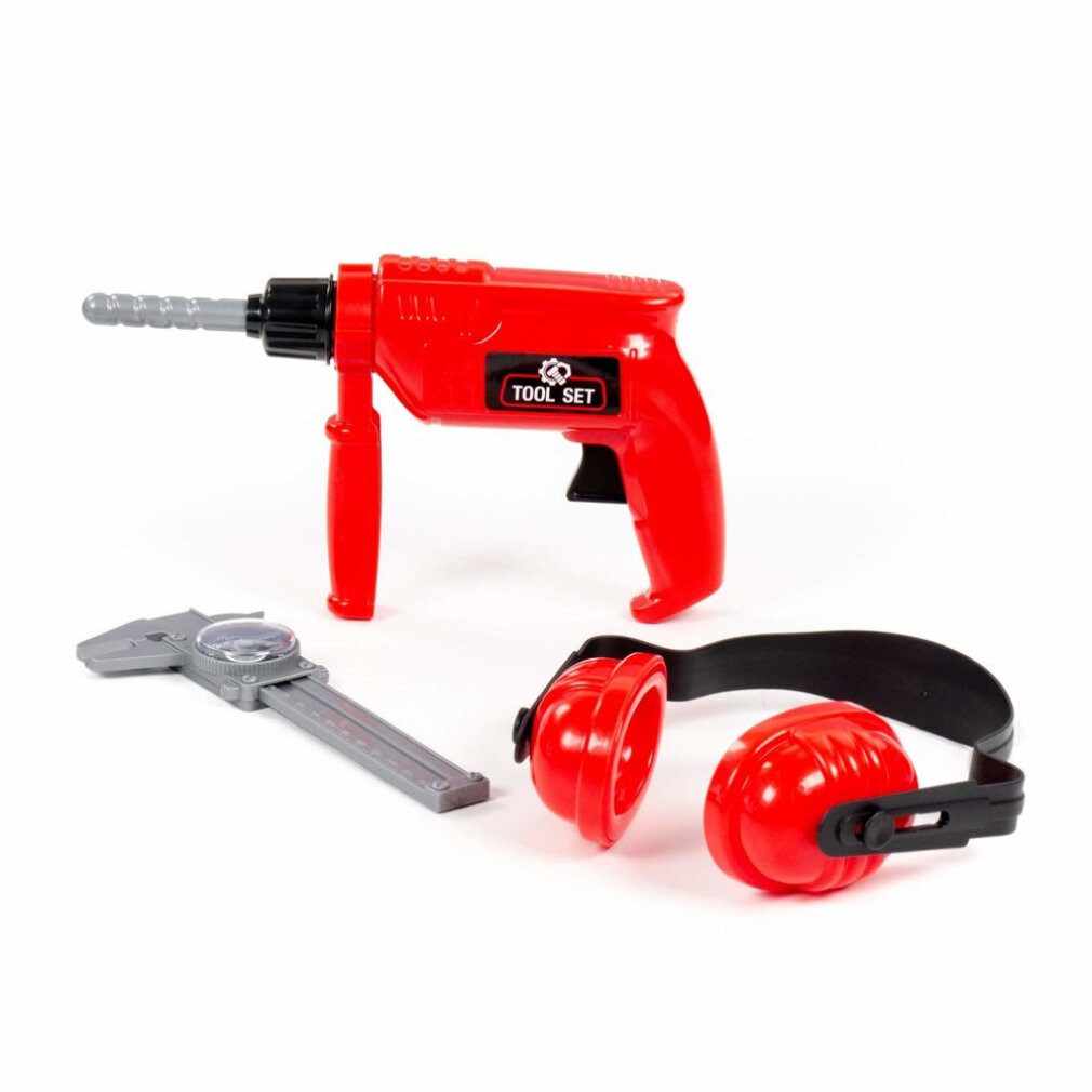 WADER QUALITY TOYS Spiel Werkzeugsatz Rot Bohrer Ohrenschützer Schieblehre 91116