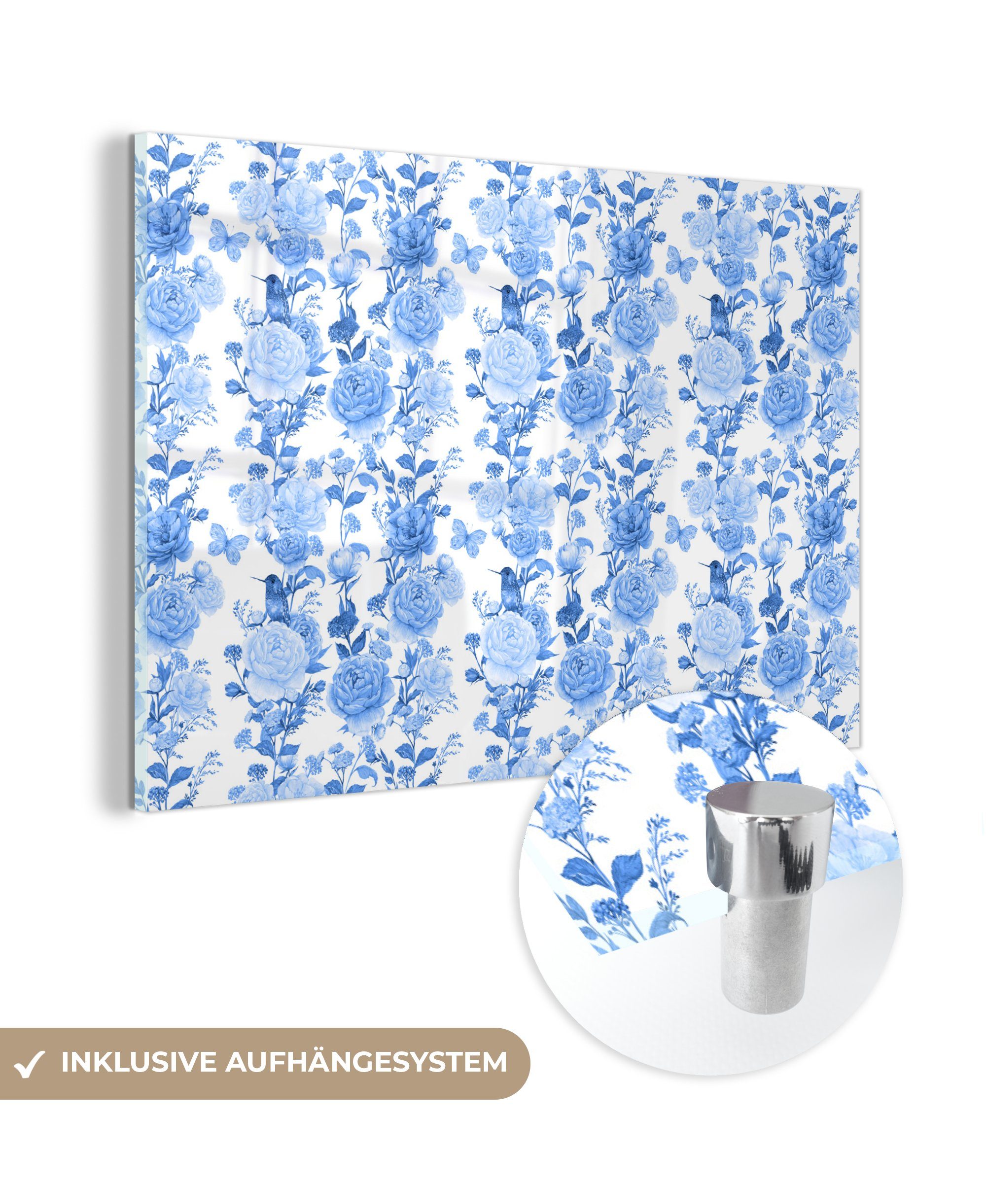 Blumen (1 Blau - - MuchoWow - Bilder auf Glasbilder St), Foto Rosen, Acrylglasbild - auf Glas Wanddekoration Glas - Wandbild