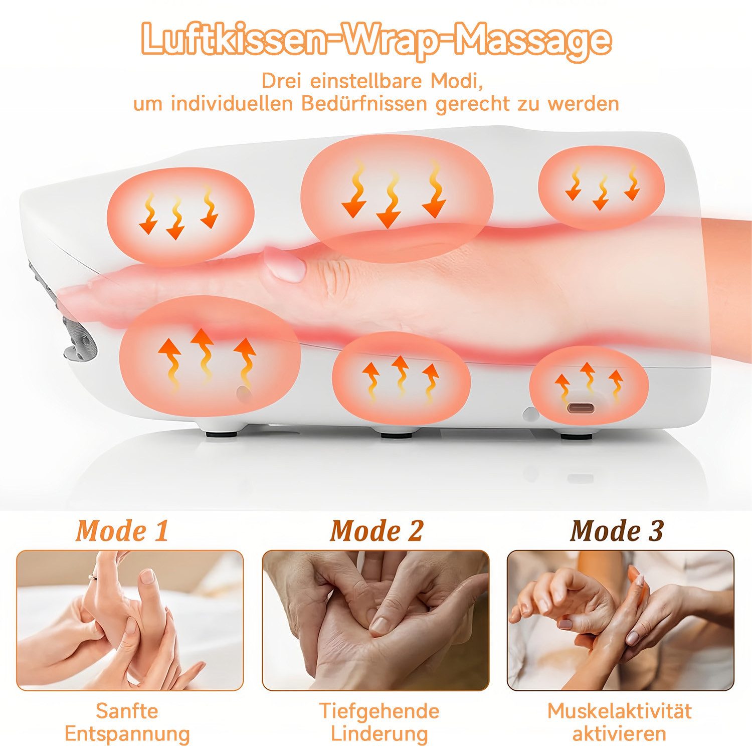 MOPUEA Massagegerät Elektrisches Handmassagegerät, Wärme Luftdruck 5 Intensitäten 3 Modi Timer 1-tlg., Kabellos Wiederaufladbar Tragbar, Für Entspannung Hände Alltag Büro