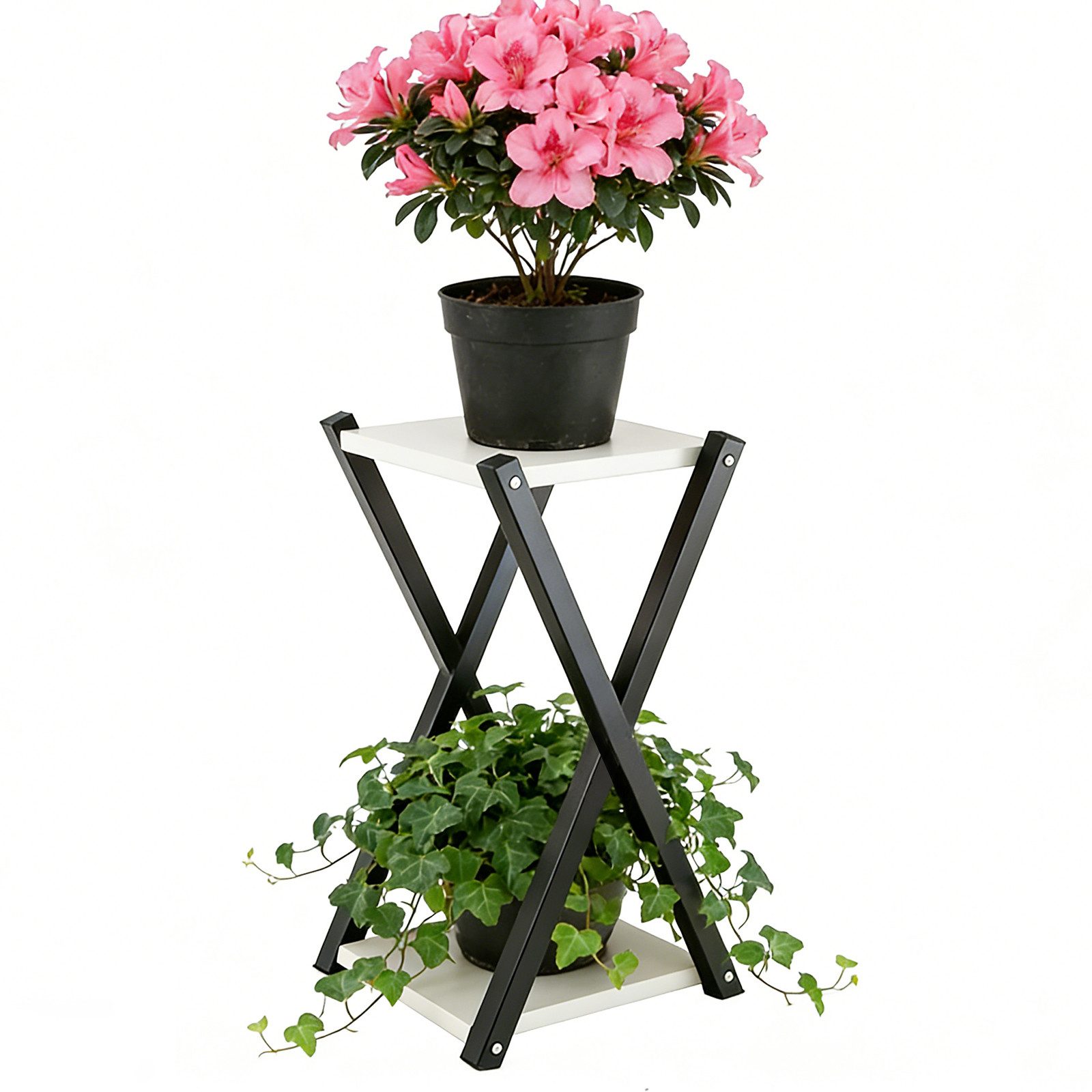 BlingBin Blumenhocker Pflanzenständer Metall 2 Ebenen, 60cm Blumenständer für Innen & Balkon (1er Set, 1 St., Pflanzenregal 57 × 29 × 29 cm), Stabiler Blumentopf Ständer für Wohnzimmer,Schlafzimmer & kleine Räume