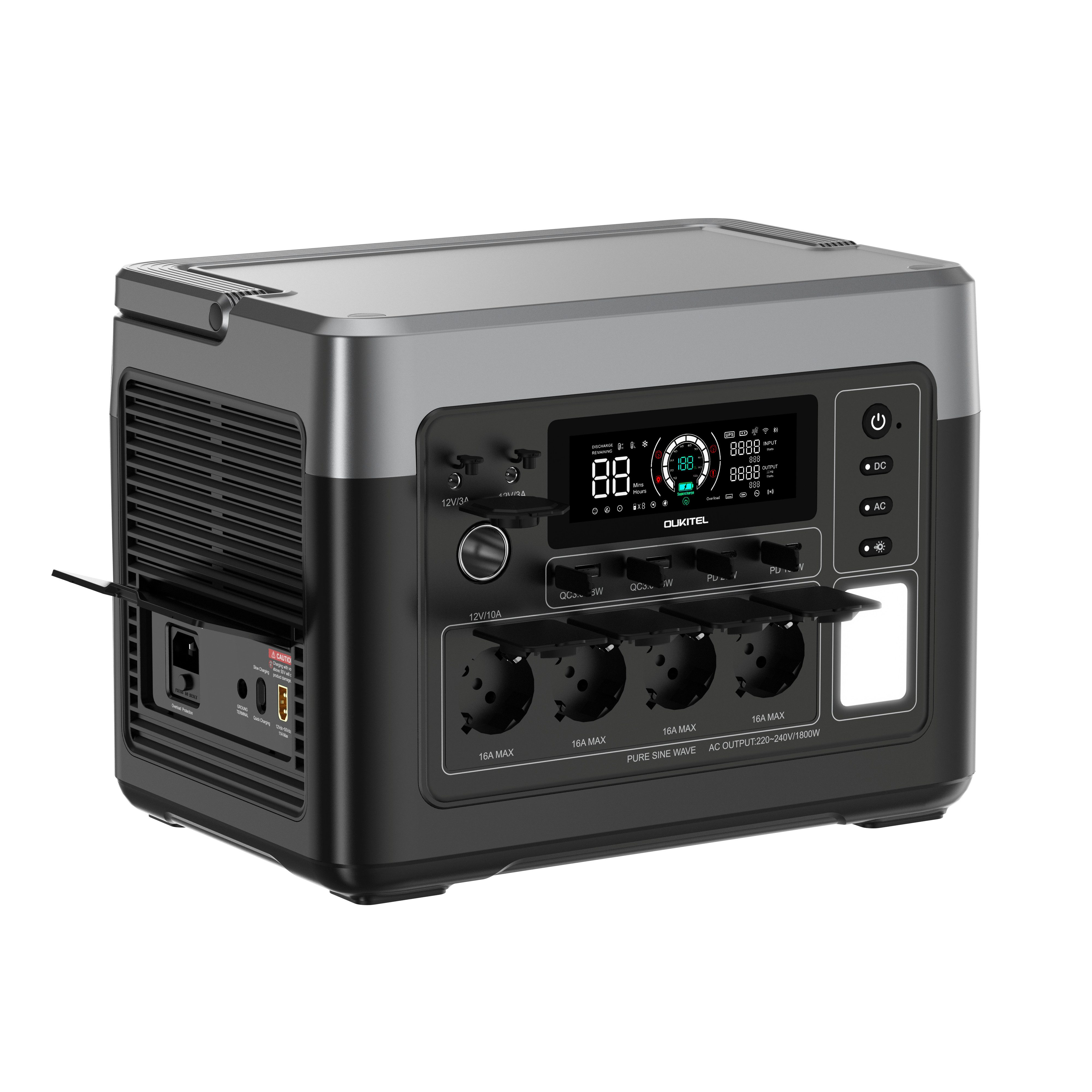 OUKITEL Stromerzeuger tragbare Powerstation 1536 Wh, mit Lithium-Eisenphosphat-Akku, 1,8 in kW, (1-tlg., P1500 E Plus), 4 x 1800 W (3600 W Spitzenleistung) Wechselstromausgang, 11 Anschlüsse
