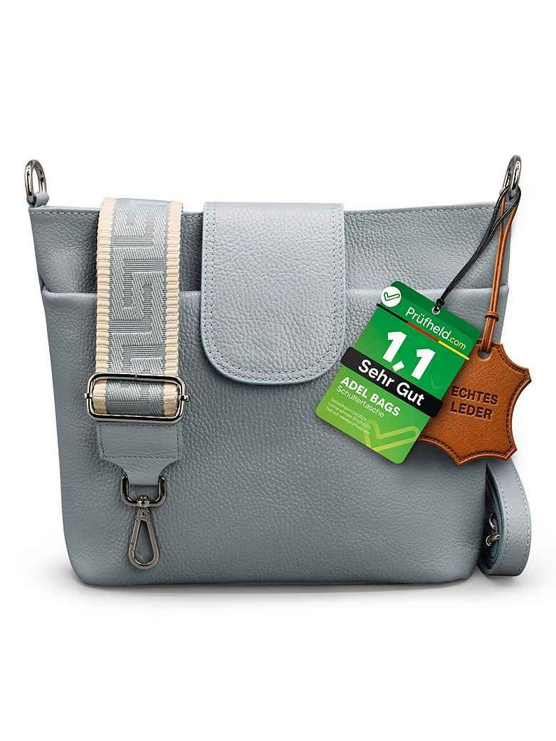 Adel Bags Schultertasche SARA Umhängetasche Damen Hellblau aus Echtleder Crossbody (Test SEHR GUT, Note 1.1), 20 Farboptionen, Hergestellt in Italien, mit 2 Riemen