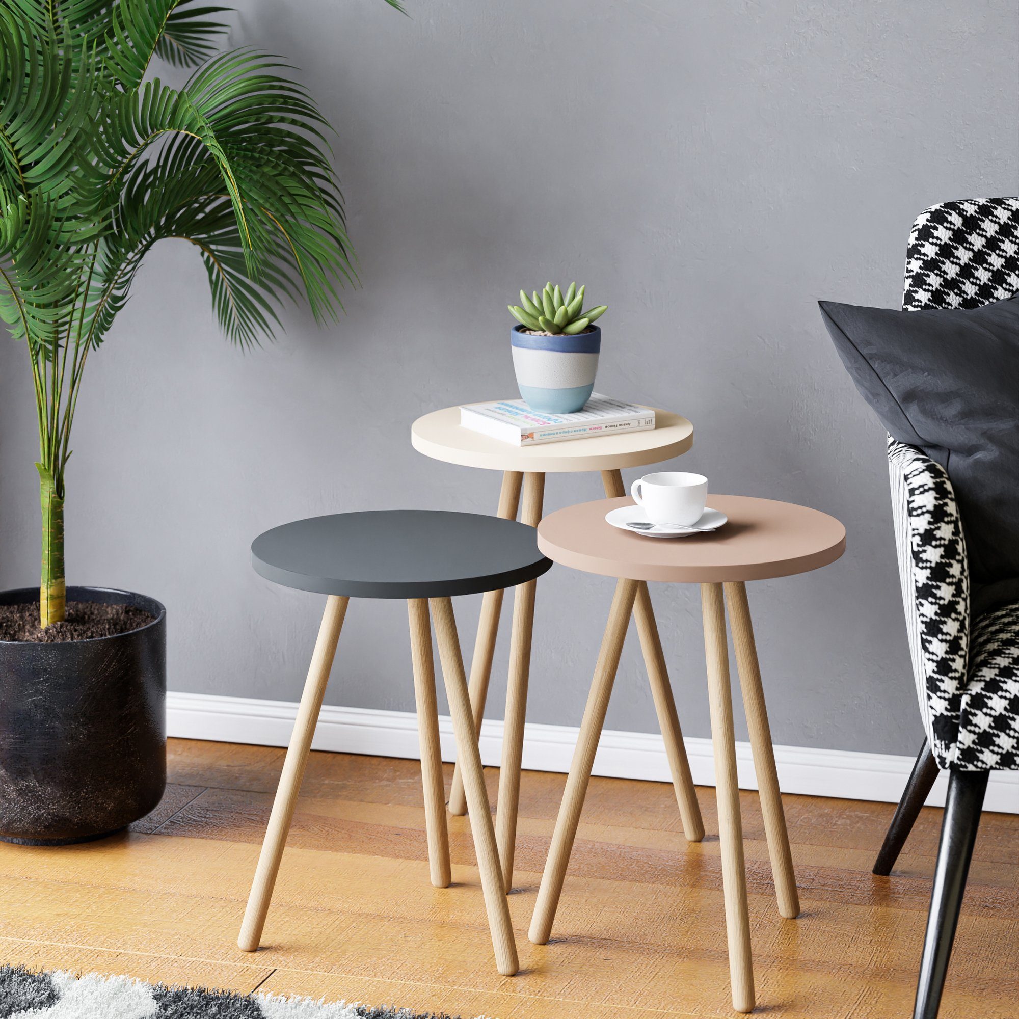 en.casa Satztisch, »Hjørring« 3er Set Kaffeetisch rund Ø 34 cm Grau/Weiß/Ro günstig online kaufen