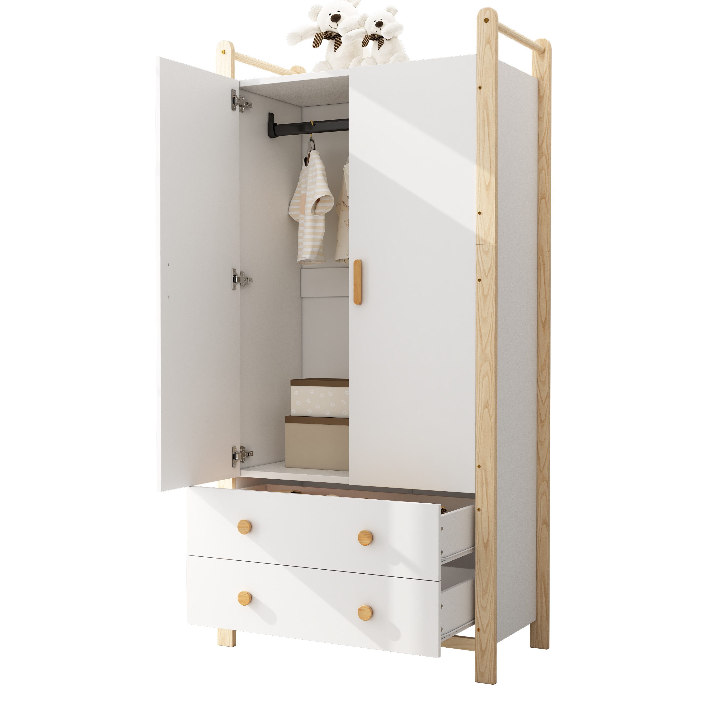 Merax Kinderkleiderschrank Kinder-Kleiderschrank mit 2 Türen, 2 Schubladen, Kleiderstange (1-St., Stauraum für Kinderzimmer) Landhausstil Kleiderschrank, 90×45× – Bild 5 von 5