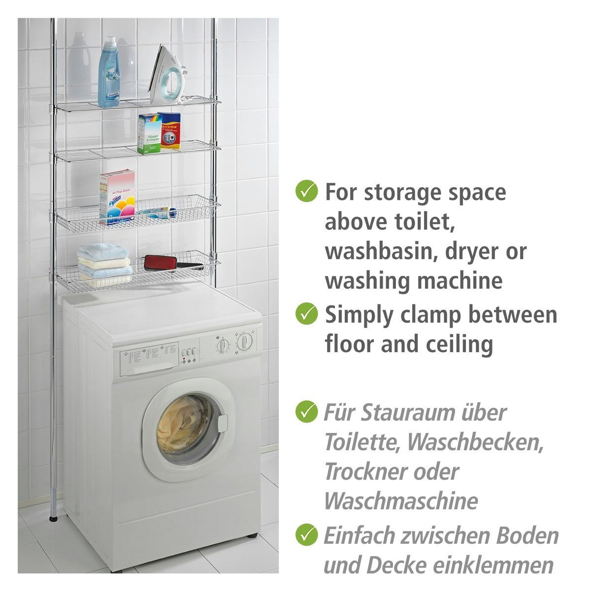 WENKO Badregal Ellera Teleskopregal, 2 Ablagen, 2 Körbe – Bild 5 von 5