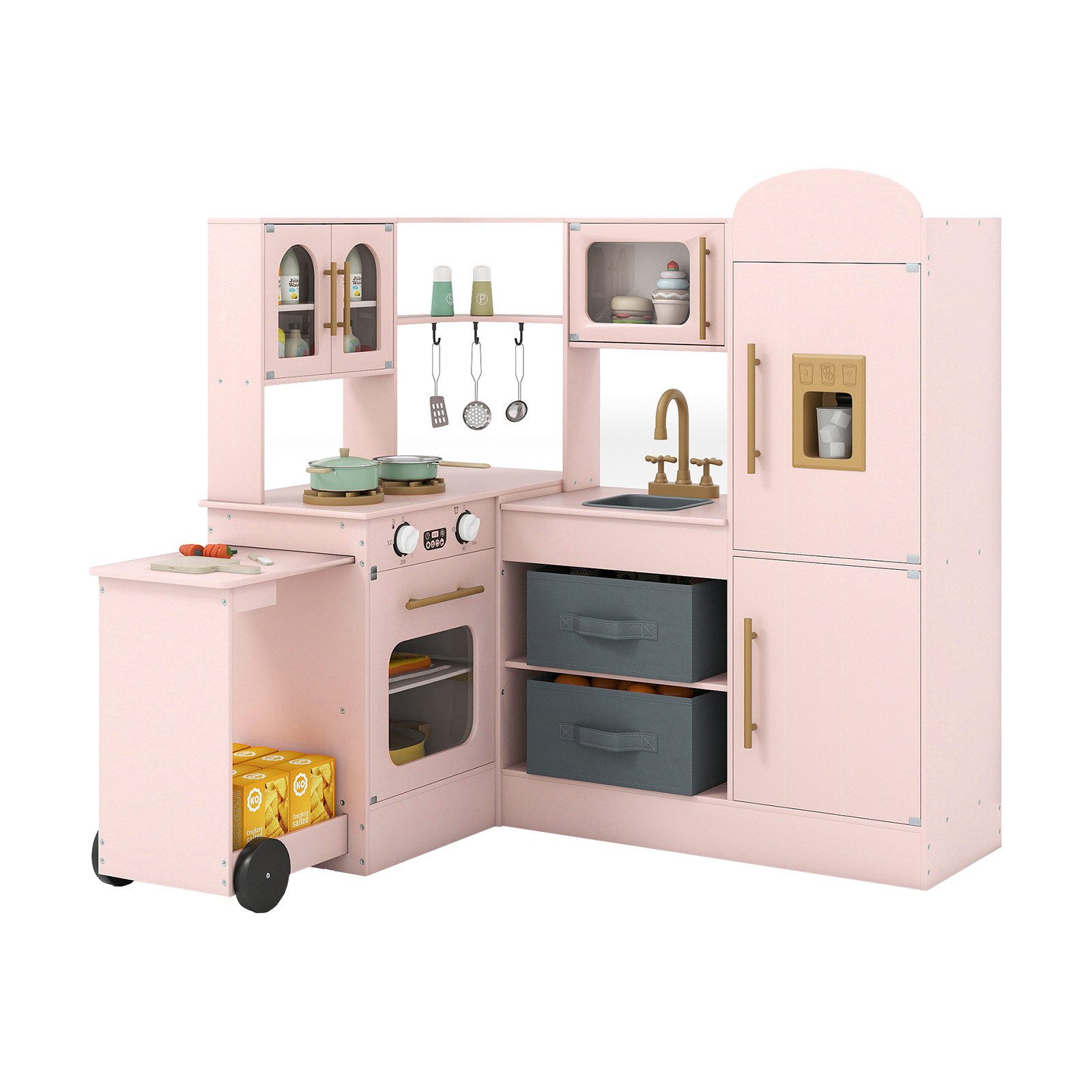 COSTWAY Spielküche Holz, Eckküche mit ausziehbarer Arbeitsplatte, Kühlschrank
