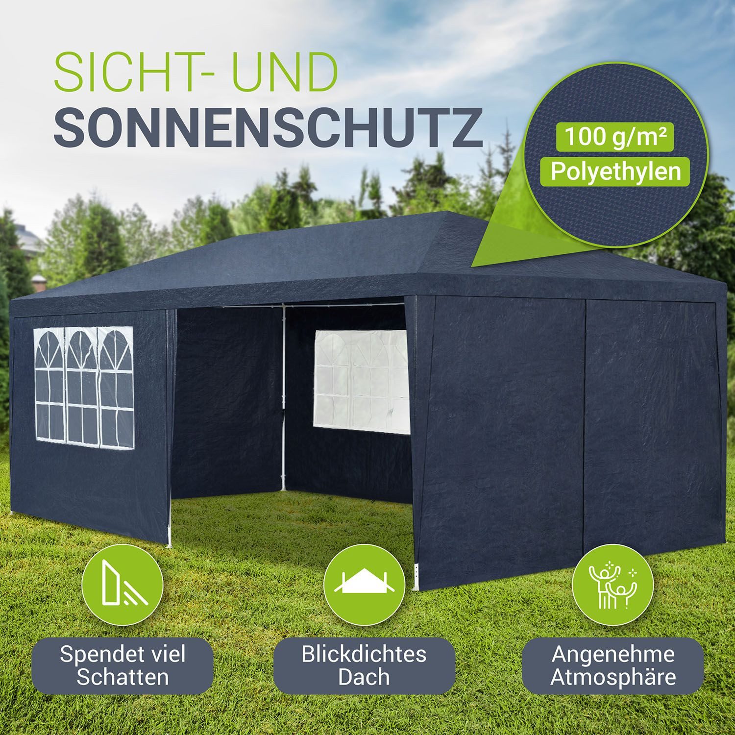 Juskys Partyzelt Partyzelt, mit 6 Seitenteilen, einfacher Aufbau, Sonnen und Sichtschutz, große Grundfläche