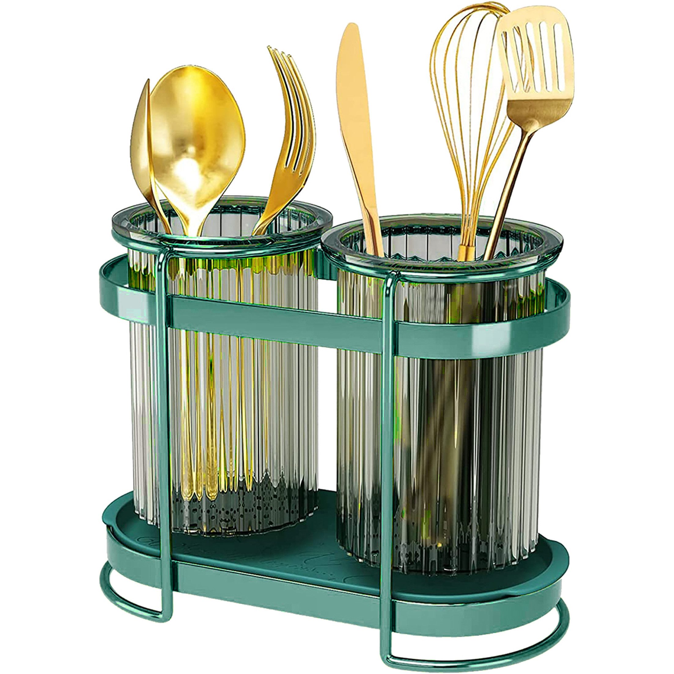 Kühier Besteckhalter Küchenutensilienhalter, Kochutensilien-Organizer, Utensilienbehälter, Utensilienhalter mit 2 Tassen-Trockenbehälter und Abtropfschale